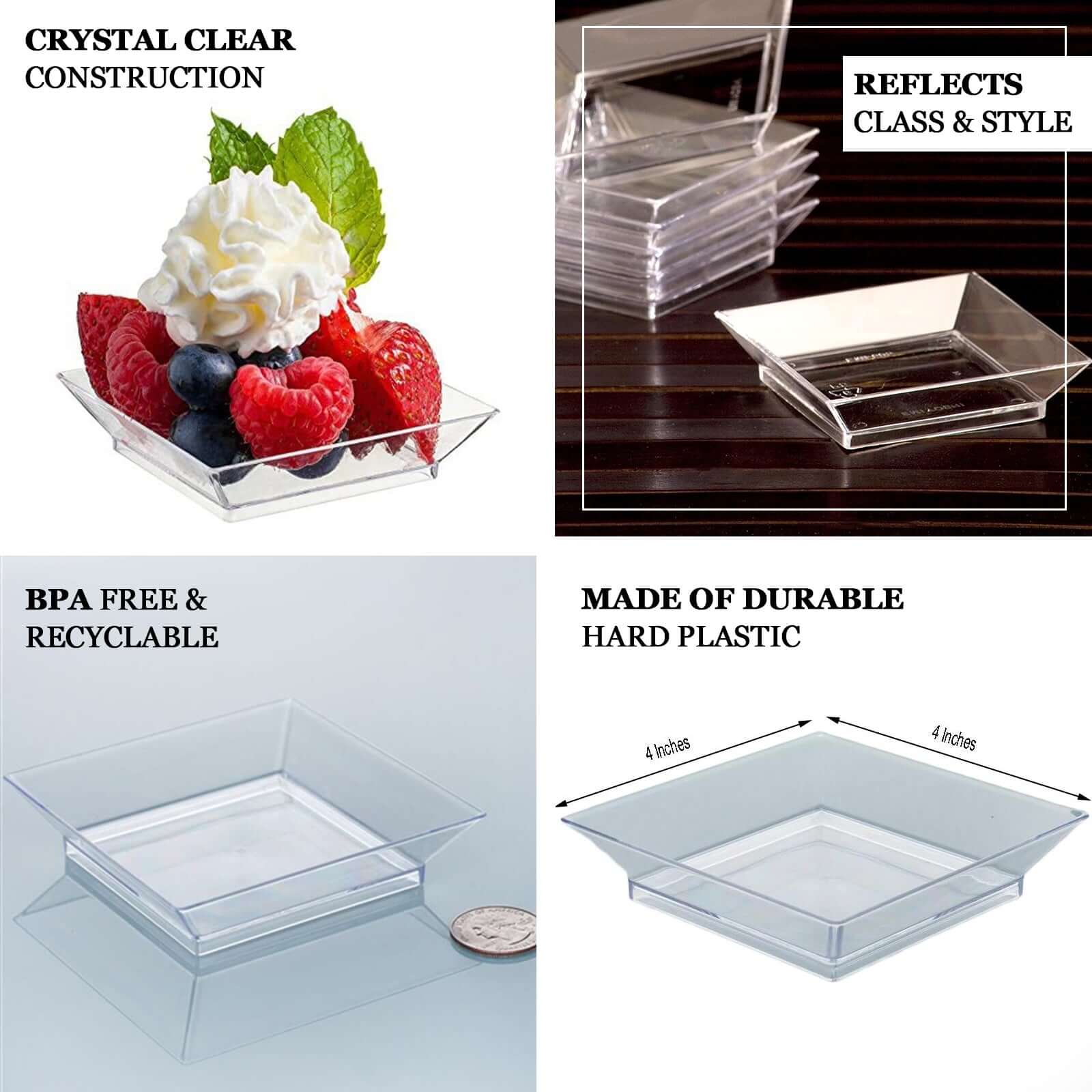 10 - Pack Tapas Plates Sleek Square Design Clear - Plastic Disposable Plates for Parties 4" - Linen Luxes