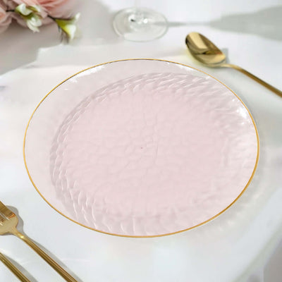 10-Pack Plastic 9" Round Dinner Plates in Transparent Blush Hammered Design with Gold Rim - Modern Disposable Party Plates