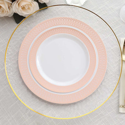 10-Pack Plastic Round Dessert Plates 7" White with Blush Rose Gold Spiral Rim - Chic Disposable Salad Plates for Events & Banquets