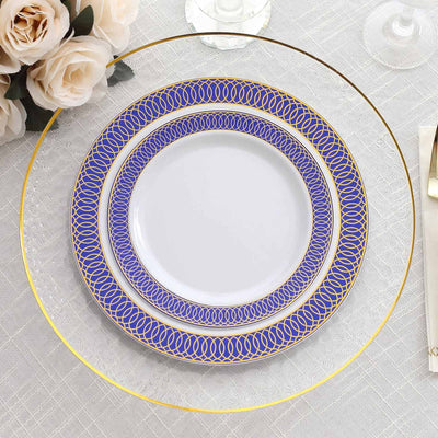 10-Pack Plastic Round Dessert Plates 7" White with Navy Blue Gold Spiral Rim - Disposable Salad Plates