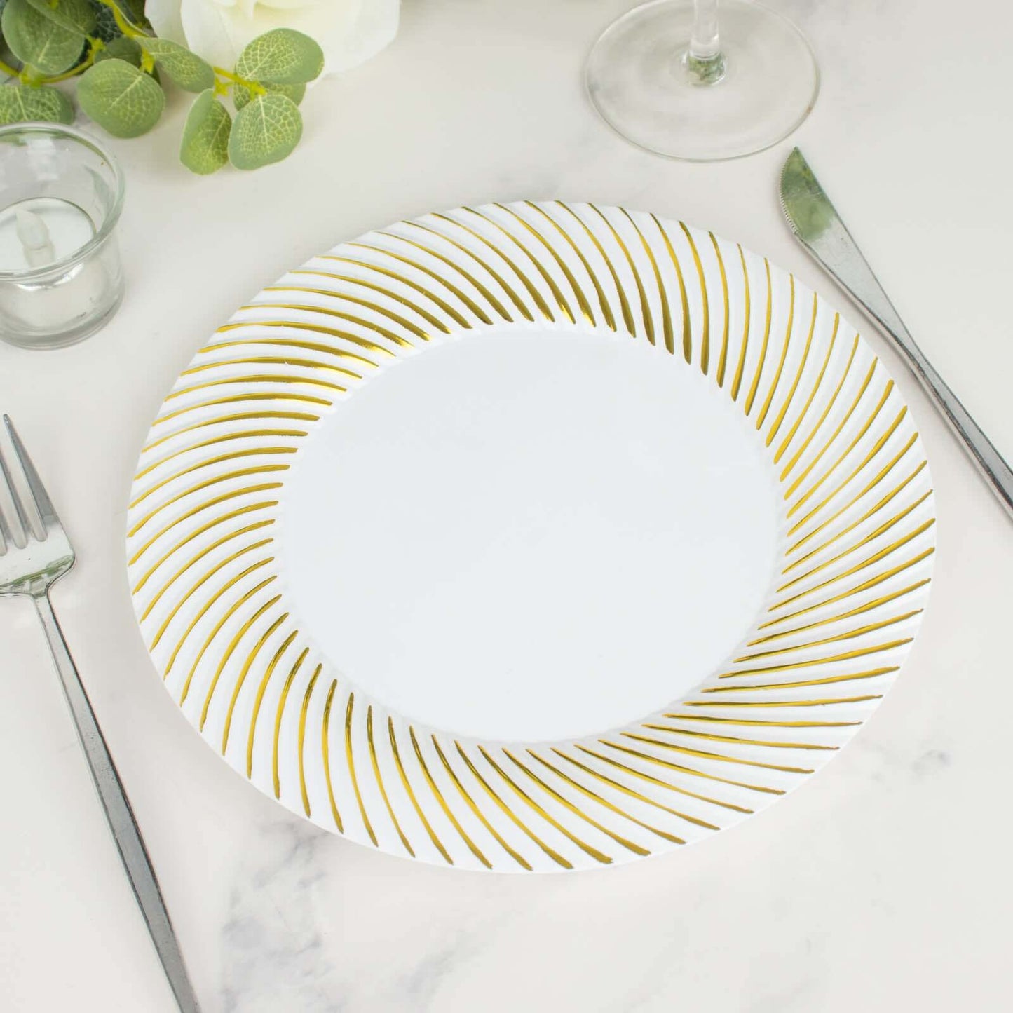 10-Pack Plastic 9" Round Dinner Plates White with Gold Swirl Rim - Disposable Party Plates