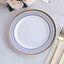 10-Pack Plastic 9" Round Dinner Plates in White with Gold Navy Blue Chord Rim - Renaissance Style Disposable Plates for Events & Banquets