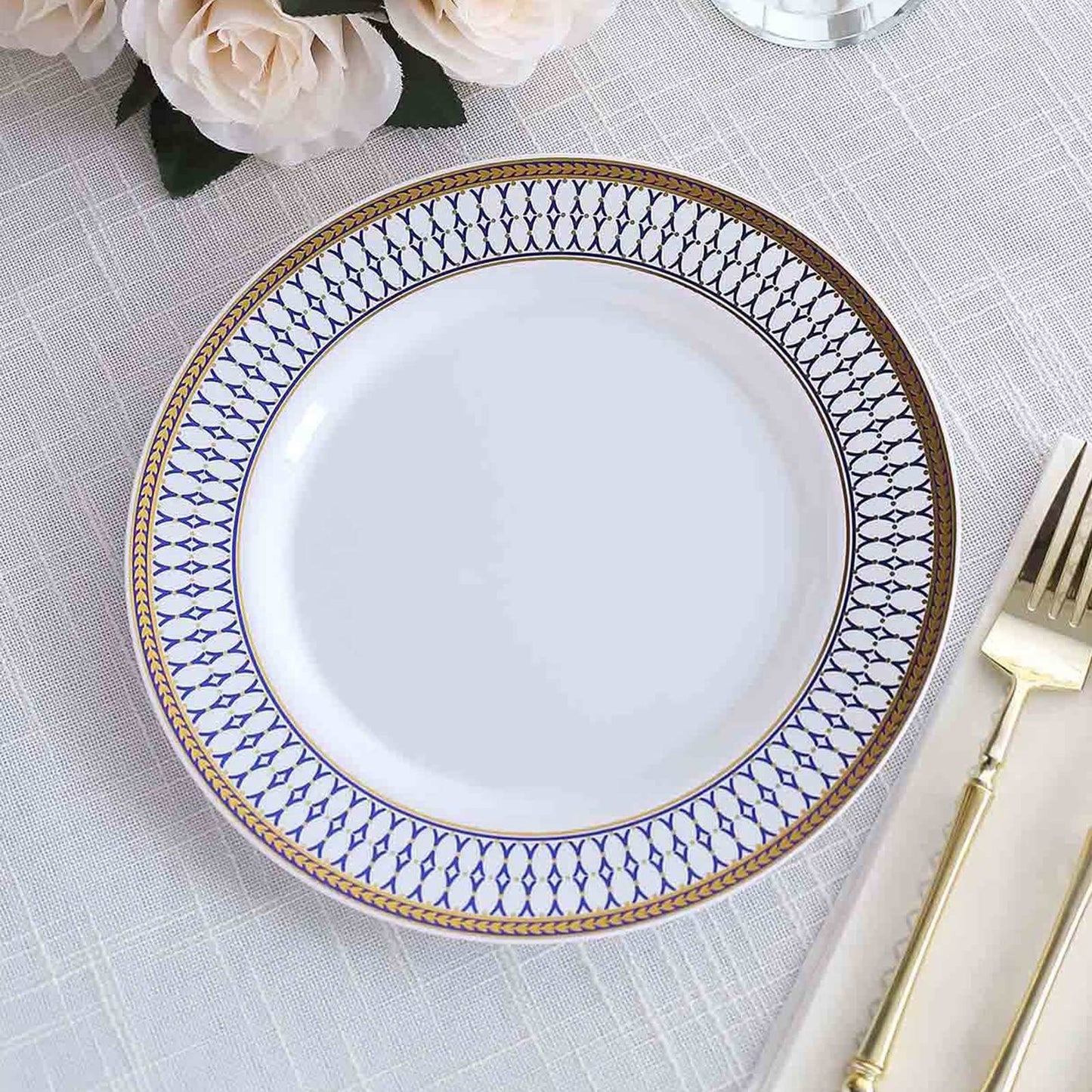 10-Pack Plastic 9" Round Dinner Plates in White with Gold Navy Blue Chord Rim - Renaissance Style Disposable Plates for Events & Banquets