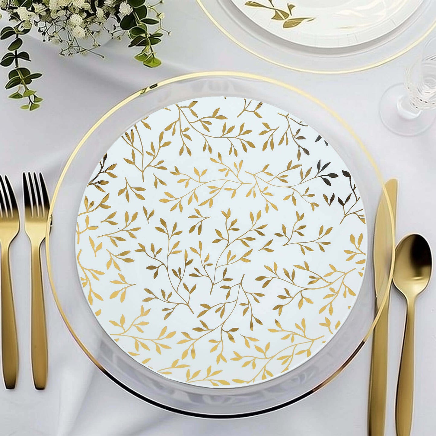 10-Pack Plastic 10" Round Dinner Plates in White with Gold Leaf Design - Heavy Duty Disposable Party Plates for Stylish Events & Memorable Gatherings