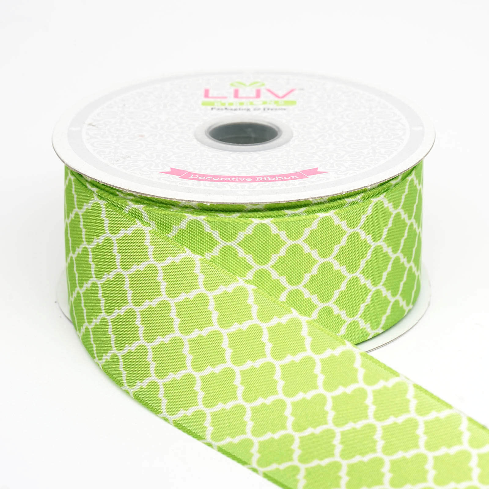 10 Yards 1.5" Apple Green Grosgrain Geometric Pattern Quatrefoil Ribbon - Linen Luxes
