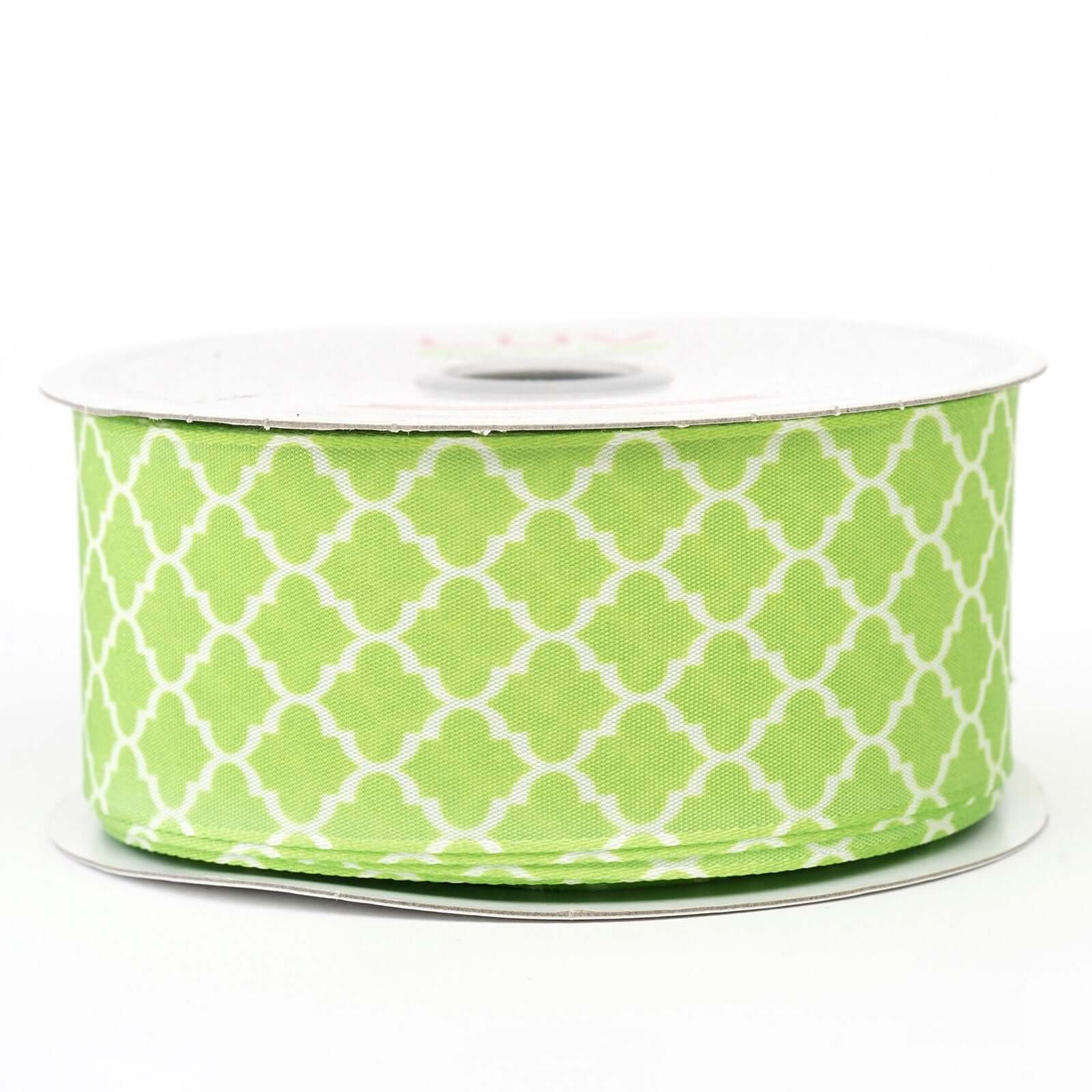 10 Yards 1.5" Apple Green Grosgrain Geometric Pattern Quatrefoil Ribbon - Linen Luxes