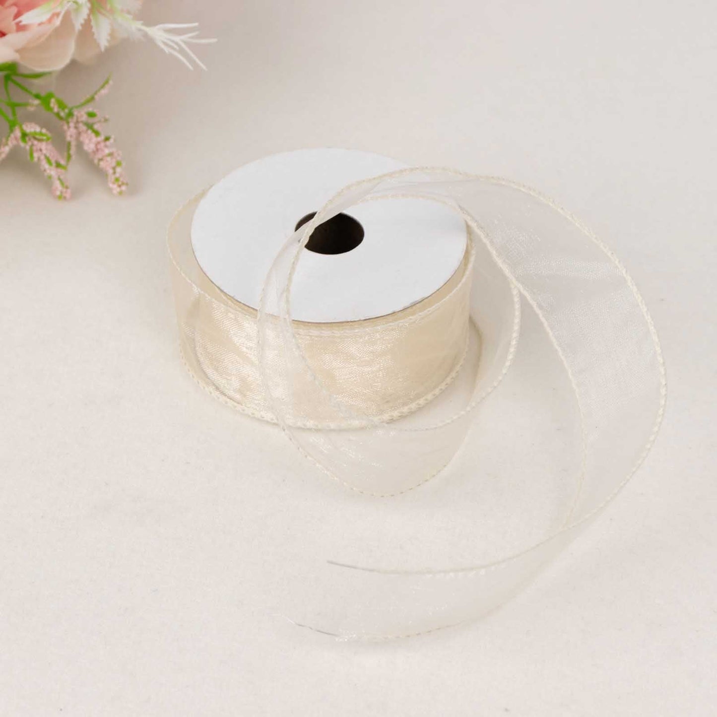10 Yards 1.5" Ivory Sheer Organza Wired Edge Ribbon - Linen Luxes