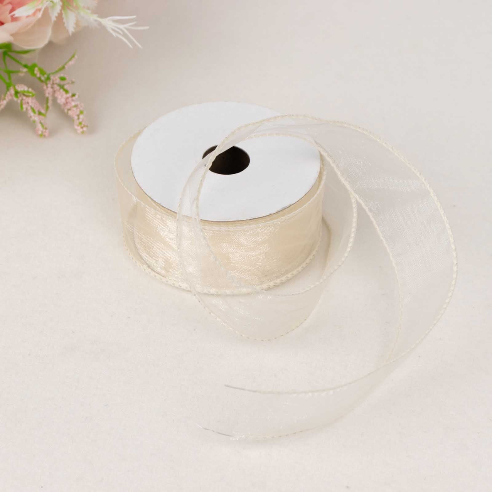 10 Yards 1.5" Ivory Sheer Organza Wired Edge Ribbon - Linen Luxes