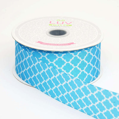 10 Yards 1.5" Turquoise Grosgrain Geometric Pattern Quatrefoil Ribbon - Clearance SALE - Linen Luxes