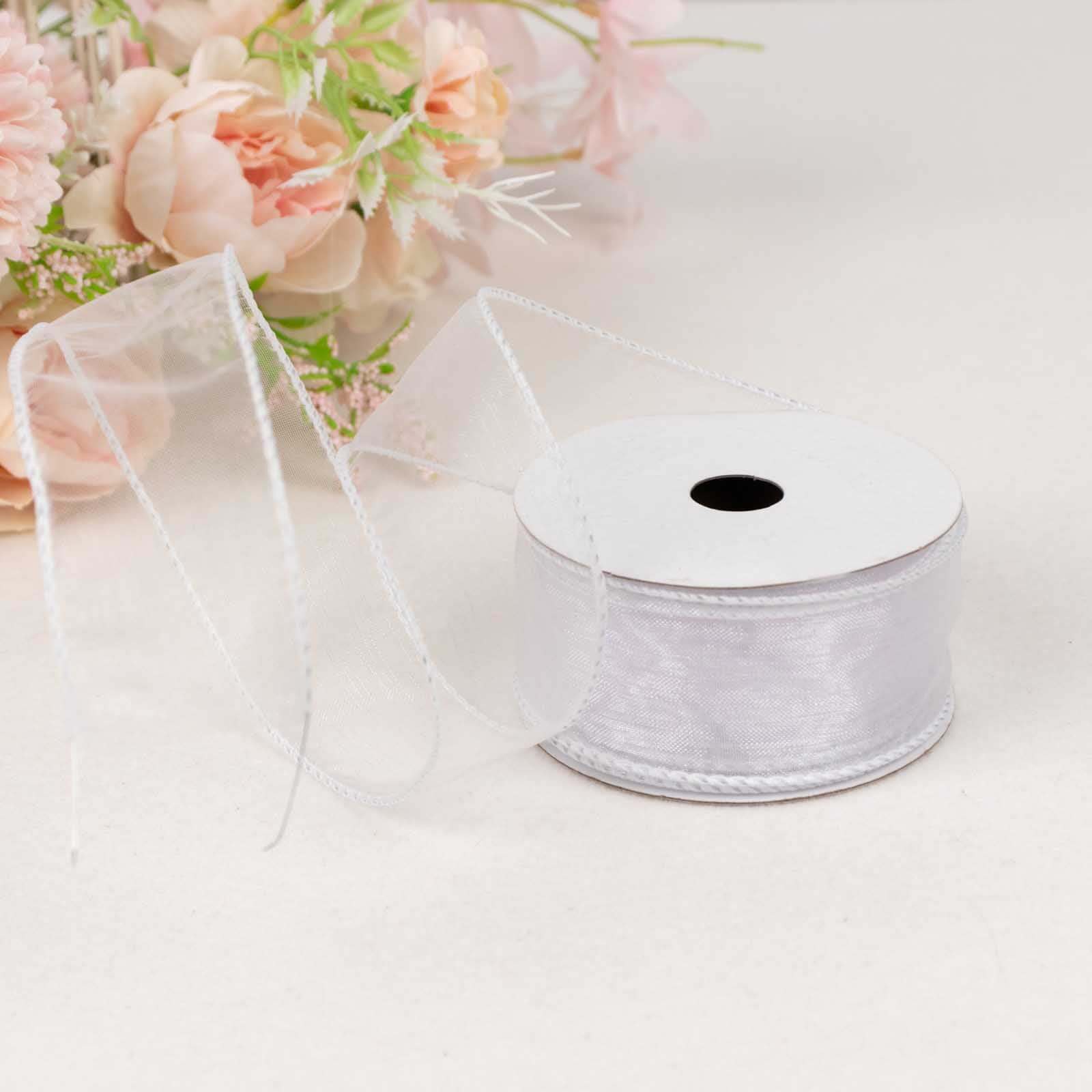 10 Yards 1.5" White Sheer Organza Wired Edge Ribbon - Linen Luxes
