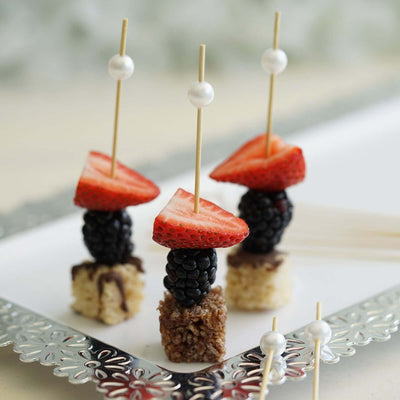 100 - Pack Bamboo Cocktail Picks Natural Pearl Decorative Top Design - Eco Friendly Stir Sticks 5" - Linen Luxes