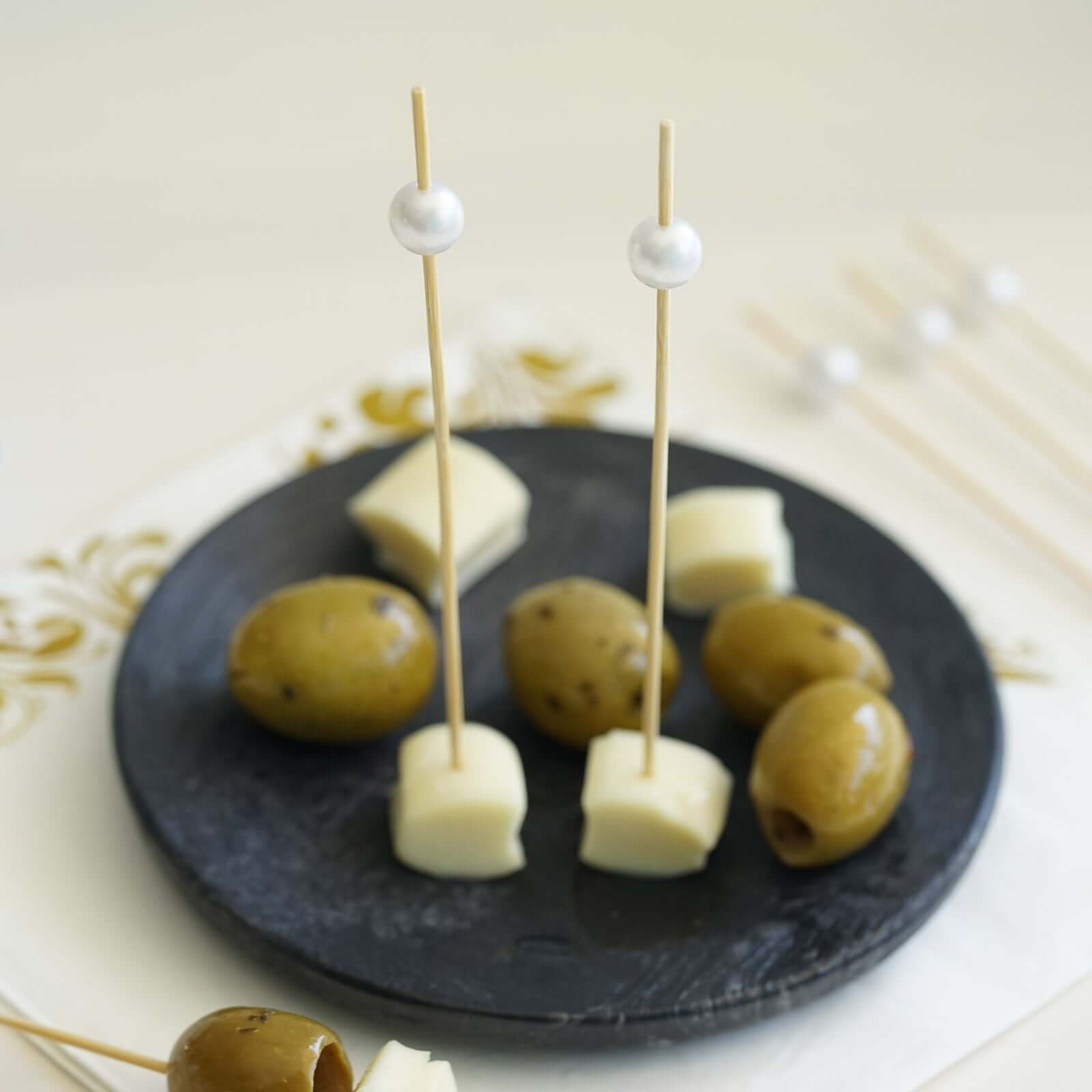 100 - Pack Bamboo Cocktail Picks Natural Pearl Decorative Top Design - Eco Friendly Stir Sticks 5" - Linen Luxes