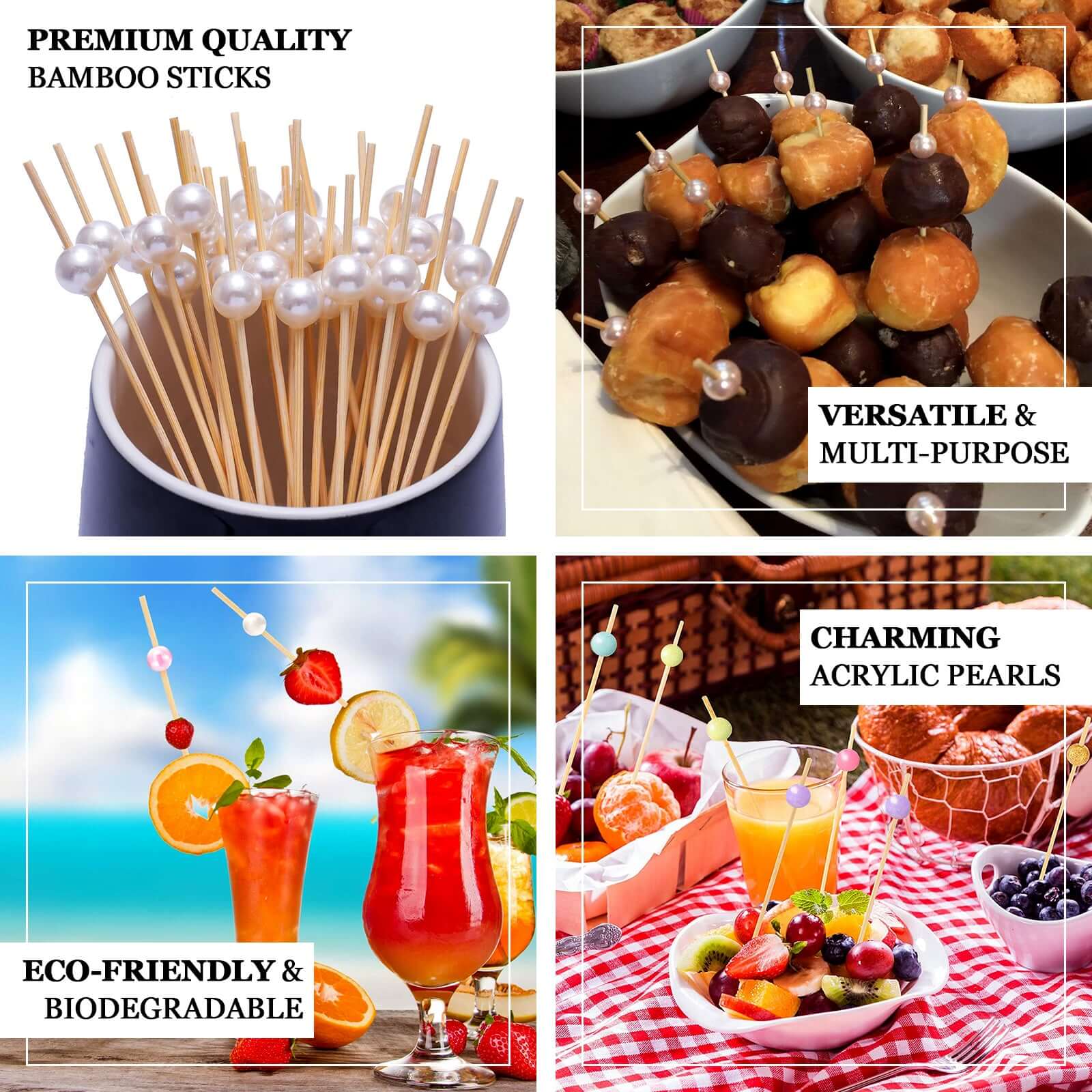 100 - Pack Bamboo Cocktail Picks Natural Pearl Decorative Top Design - Eco Friendly Stir Sticks 5" - Linen Luxes