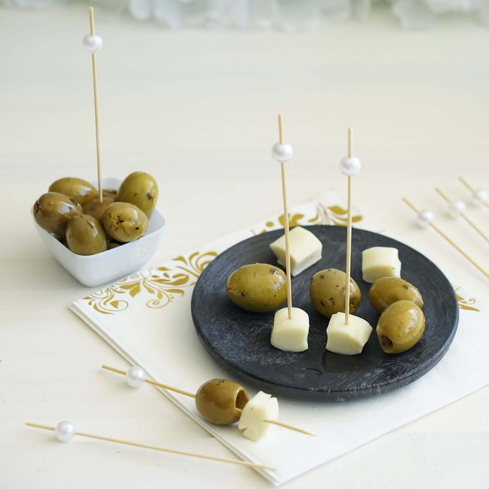 100 - Pack Bamboo Cocktail Picks Natural Pearl Decorative Top Design - Eco Friendly Stir Sticks 5" - Linen Luxes