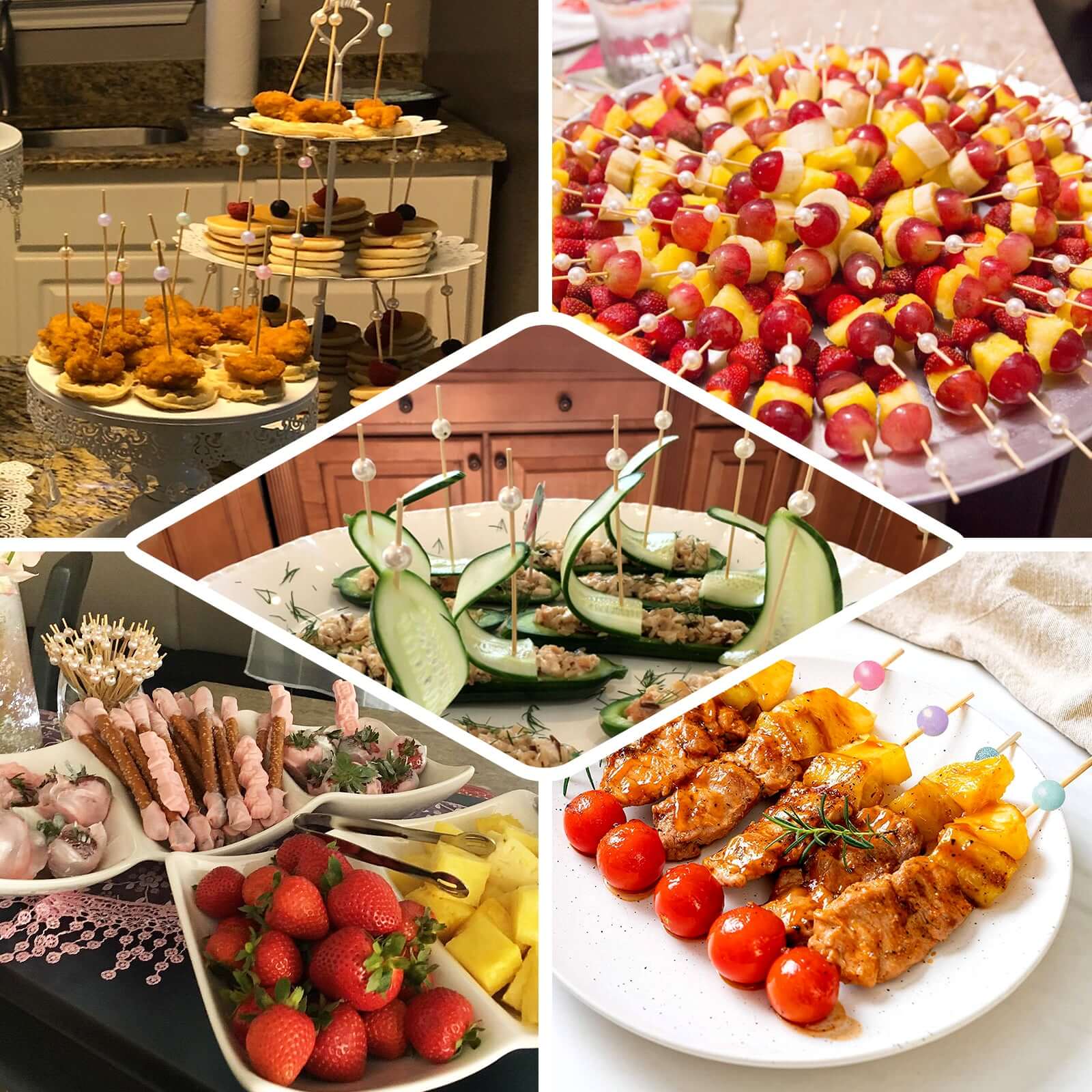 100 - Pack Bamboo Cocktail Picks Natural Pearl Decorative Top Design - Eco Friendly Stir Sticks 5" - Linen Luxes