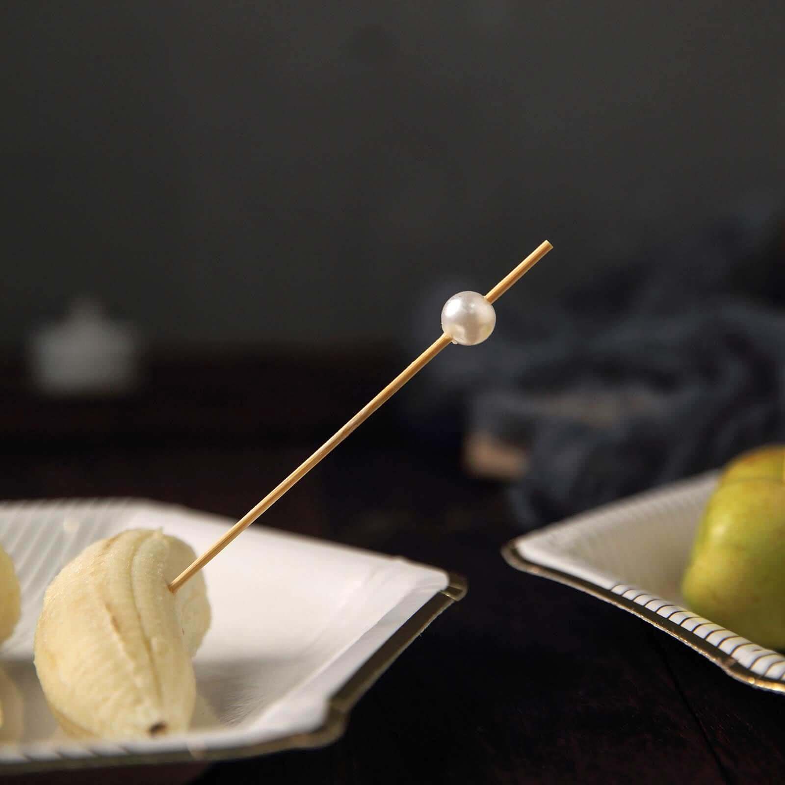 100 - Pack Bamboo Cocktail Picks Natural Pearl Decorative Top Design - Eco Friendly Stir Sticks 5" - Linen Luxes