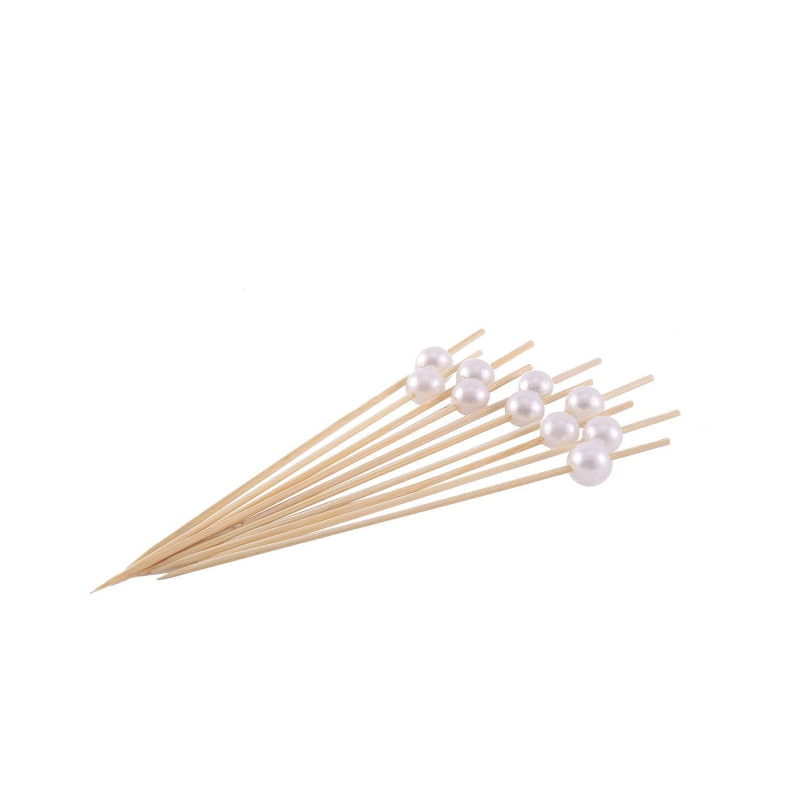 100 - Pack Bamboo Cocktail Picks Natural Pearl Decorative Top Design - Eco Friendly Stir Sticks 5" - Linen Luxes