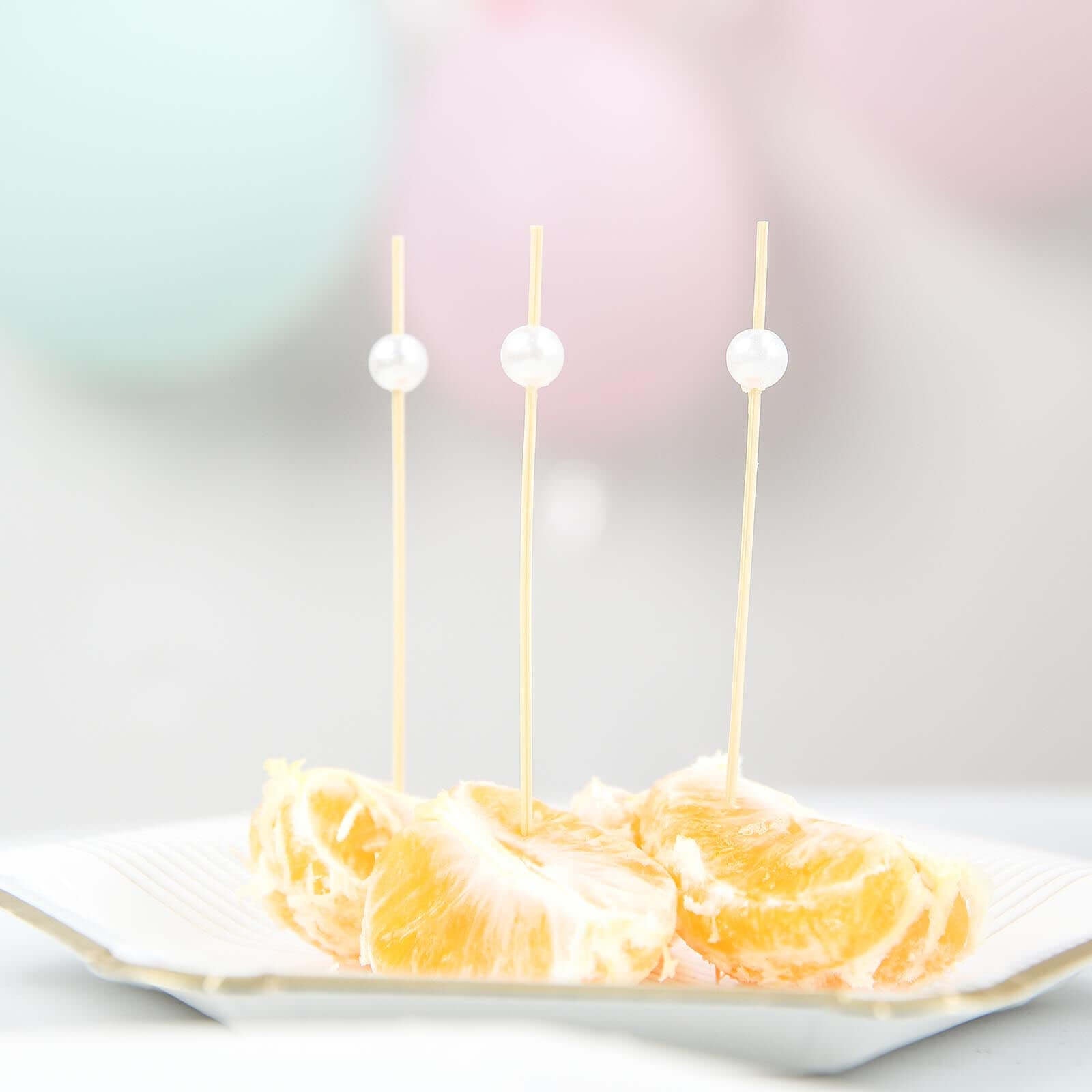 100 - Pack Bamboo Cocktail Picks Natural Pearl Decorative Top Design - Eco Friendly Stir Sticks 5" - Linen Luxes