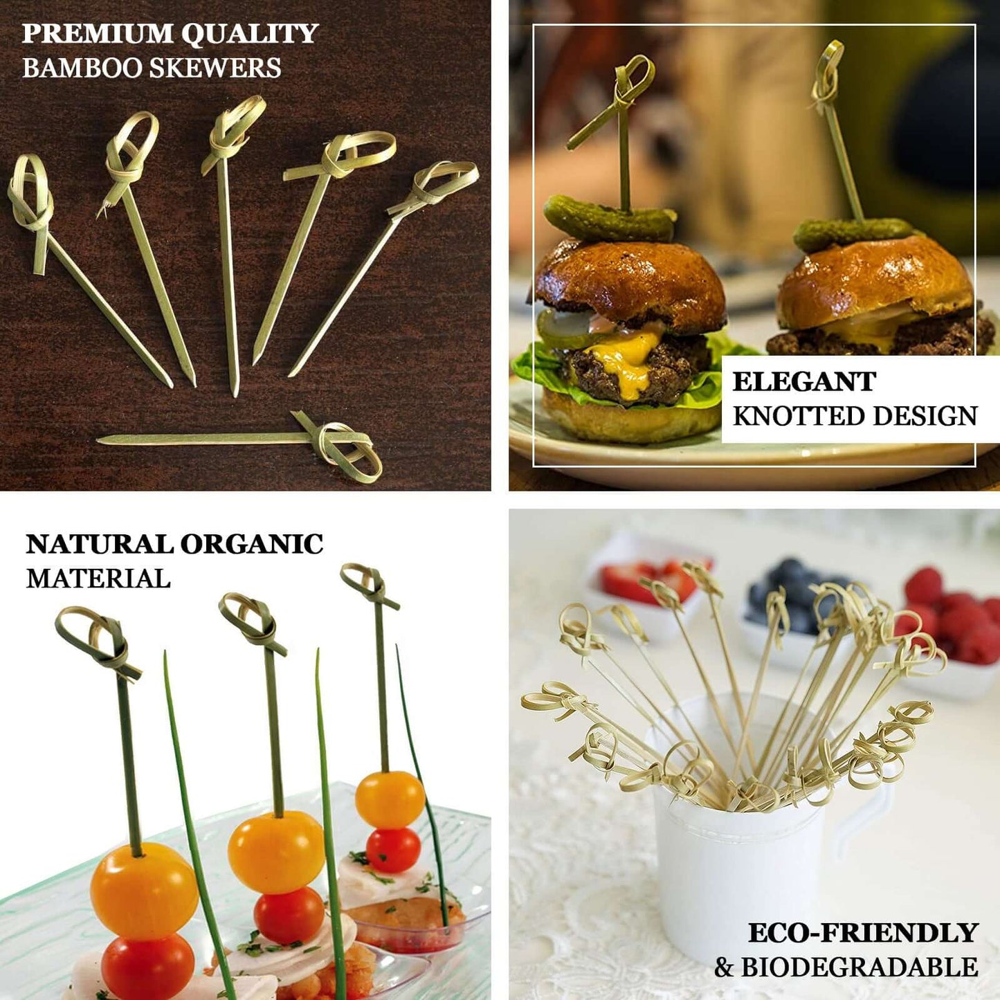 100 - Pack Bamboo Skewers Knotted Style - Natural Eco Friendly Wooden Cocktail Picks for Food Display Party Snacks & Outdoor Cooking 3.5" - Linen Luxes