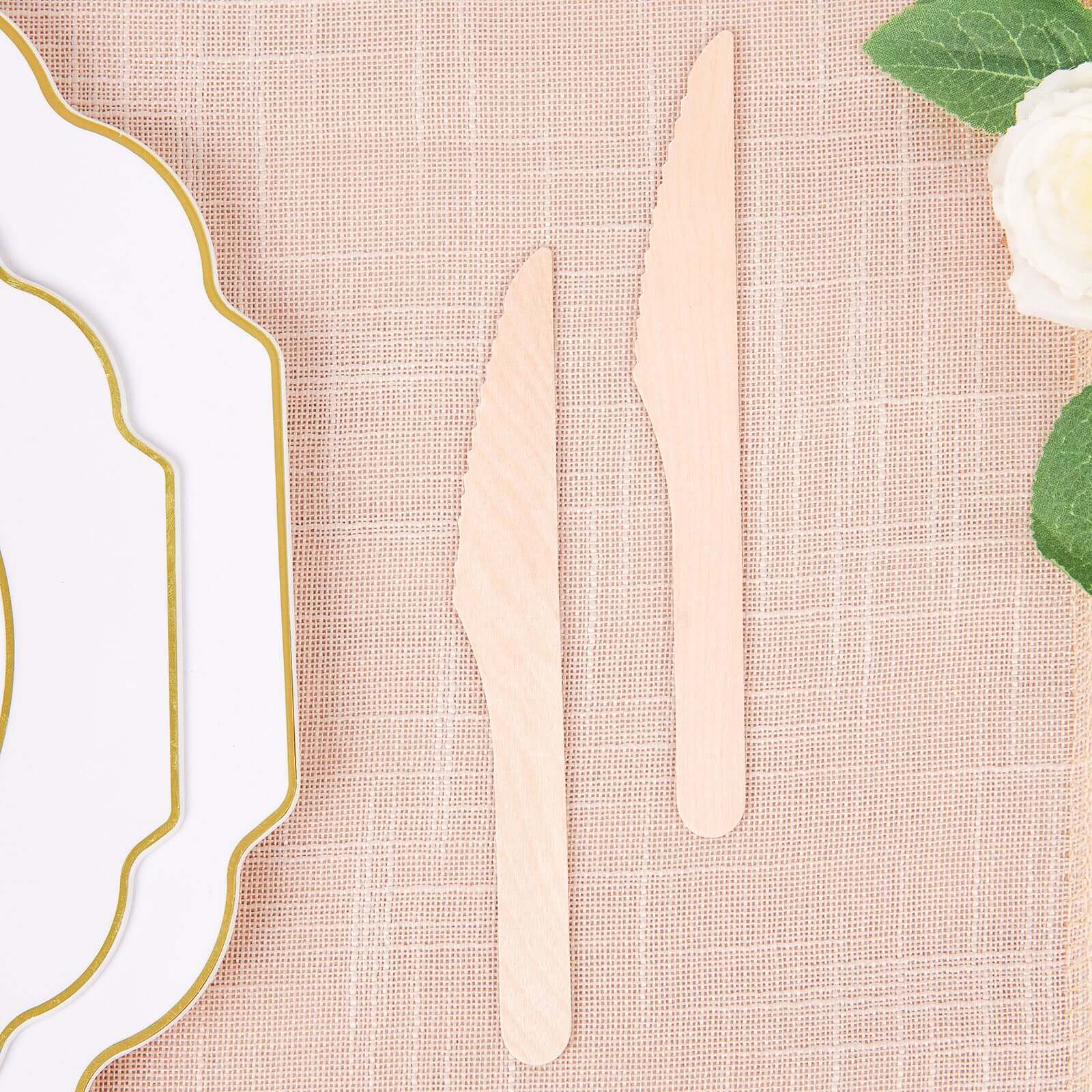 100 - Pack Birchwood Knives Natural - Eco Friendly Biodegradable Wooden Utensils for Rustic Themes & Outdoor Parties 7" - Linen Luxes