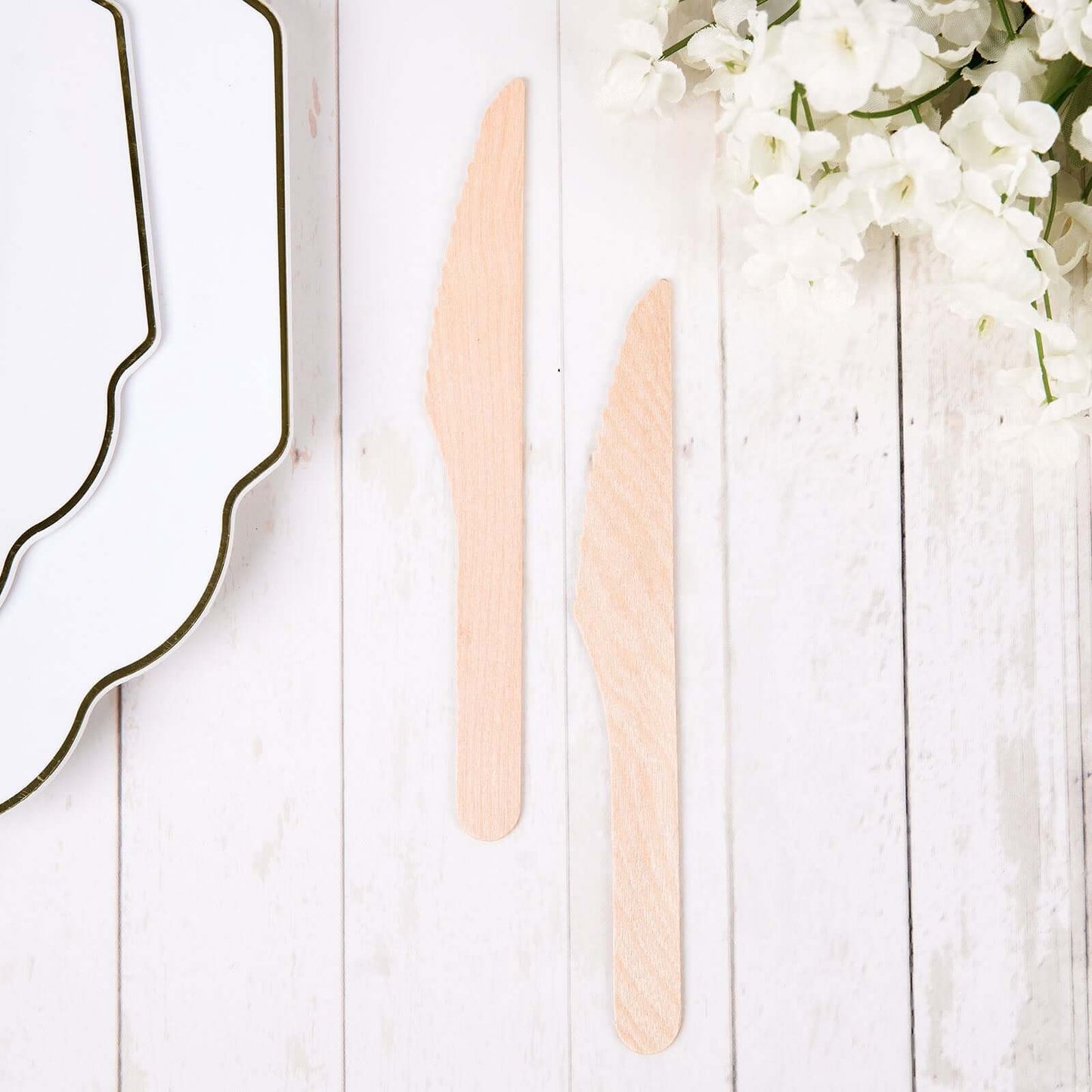 100 - Pack Birchwood Knives Natural - Eco Friendly Biodegradable Wooden Utensils for Rustic Themes & Outdoor Parties 7" - Linen Luxes