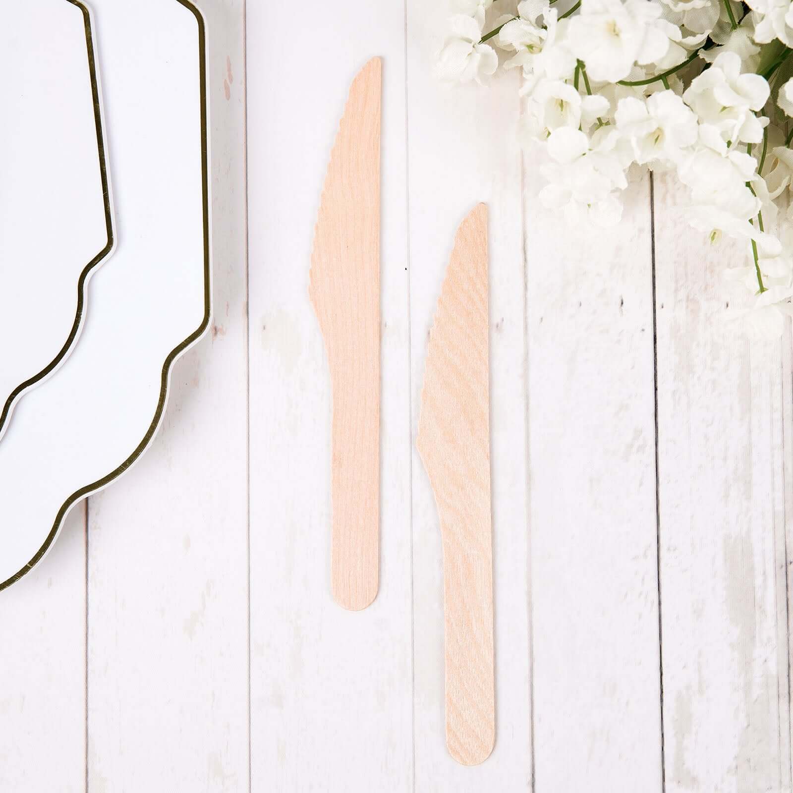 100 - Pack Birchwood Knives Natural - Eco Friendly Biodegradable Wooden Utensils for Rustic Themes & Outdoor Parties 7" - Linen Luxes