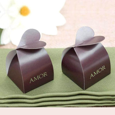 100 Pack Chocolate Brown Amor Heart Twist Top Party Favor Candy Gift Boxes - Linen Luxes
