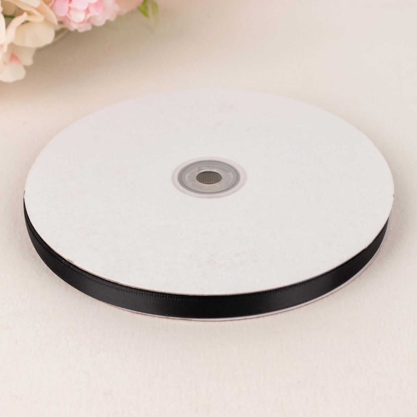 100 Yards 3/8" Black Single Face Decorative Satin Ribbon - Linen Luxes