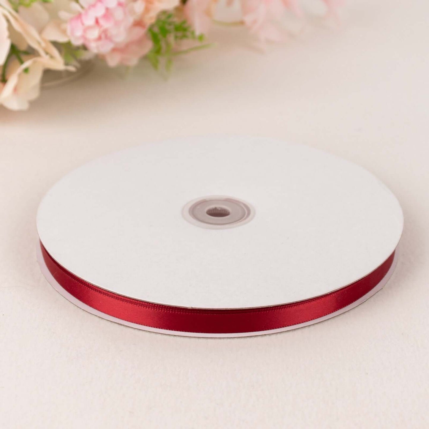 100 Yards 3/8" Burgundy Single Face Decorative Satin Ribbon - Linen Luxes