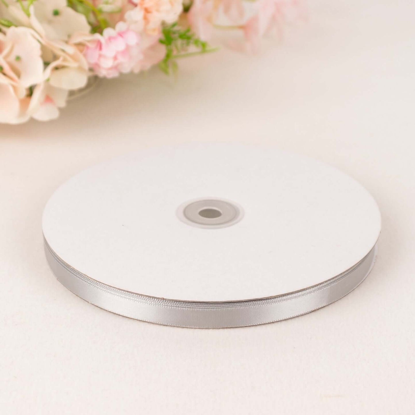 100 Yards 3/8" Silver Single Face Decorative Satin Ribbon - Linen Luxes