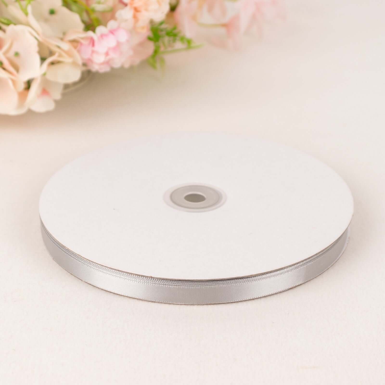 100 Yards 3/8" Silver Single Face Decorative Satin Ribbon - Linen Luxes