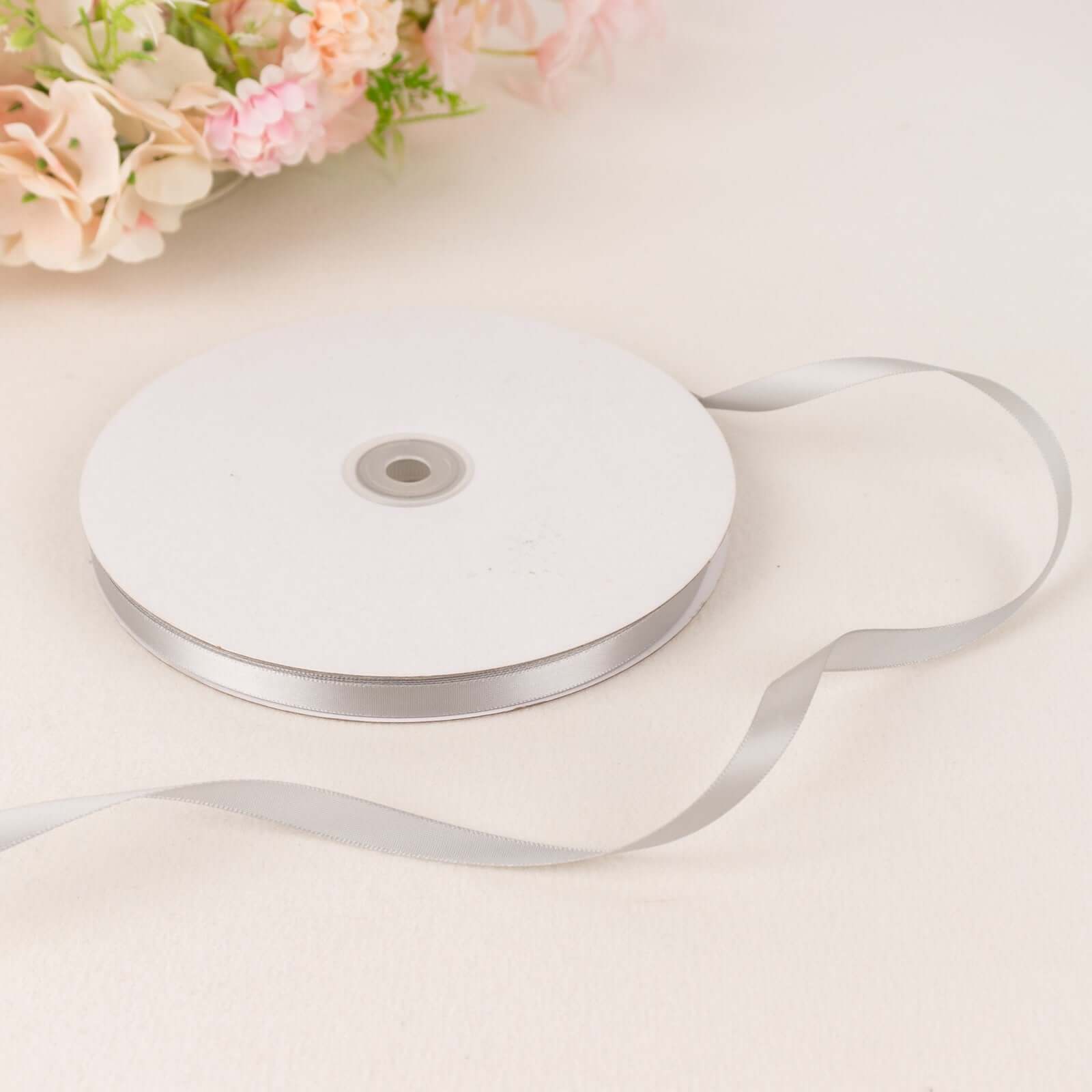 100 Yards 3/8" Silver Single Face Decorative Satin Ribbon - Linen Luxes