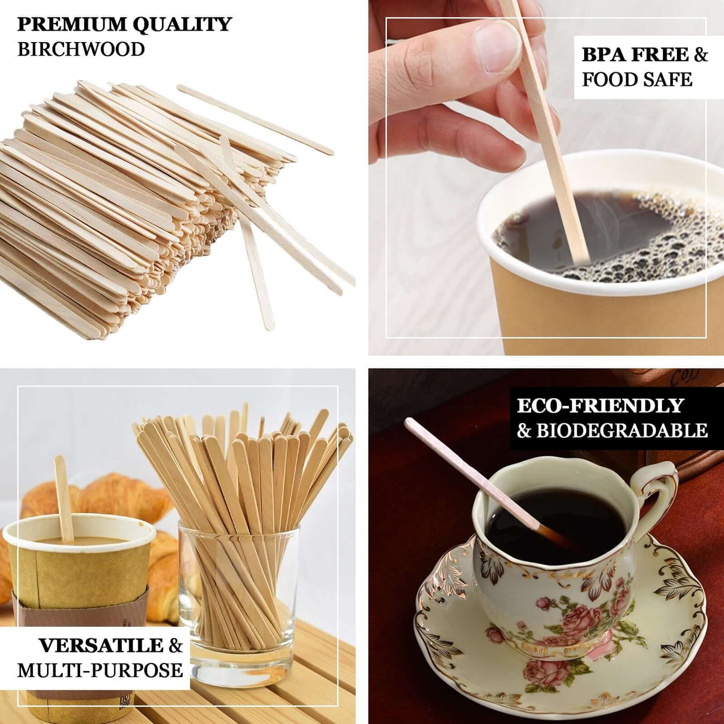 1000 - Pack Birchwood Coffee Stirrers - Natural Eco - Friendly Wooden Stir Sticks for Tea & Cocktails 4.5" - Linen Luxes