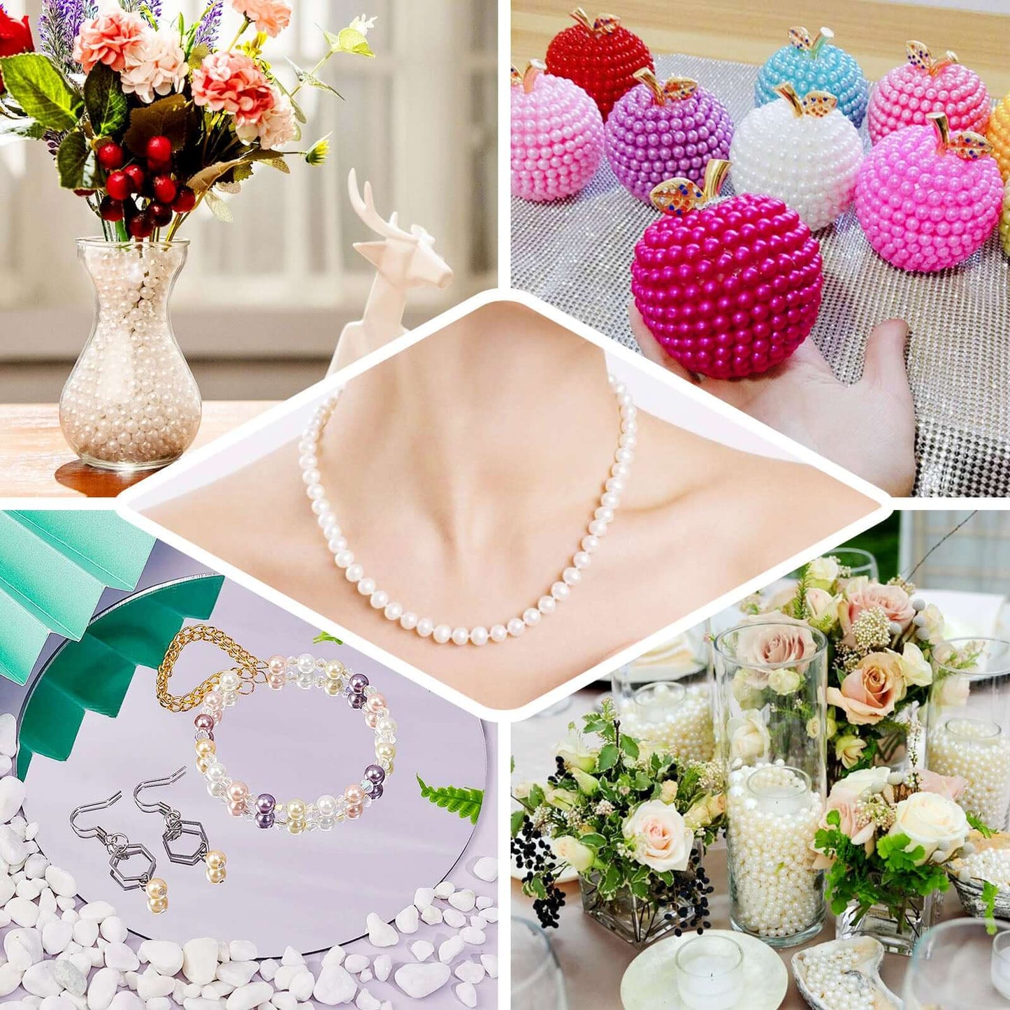 1000 - Pack Faux Craft Pearl Beads White - Smooth Beads with Holes for Vase Filler Jewelry Making Bridal Accessories & Event Decor 10mm - Linen Luxes