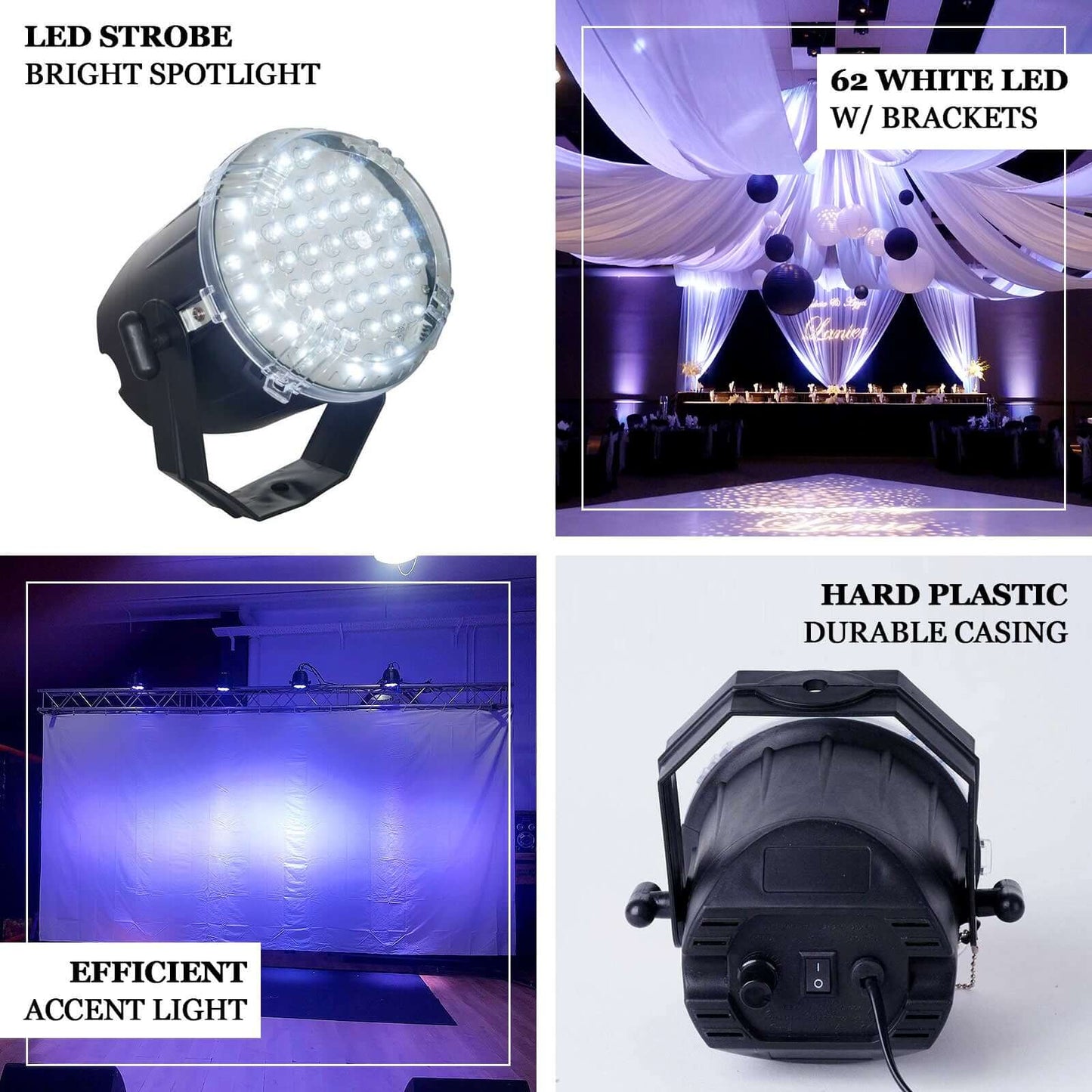 10W White 62 LED Stage Backdrop Uplight, Bright Strobe Spotlight With Brackets - Linen Luxes