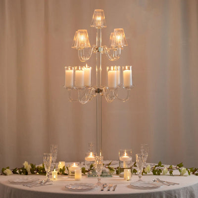 11-Arm Crystal Glass Candelabra â€“ 50" Floor Candle Holder for Taper & Tealight Candles with Empire & Cylinder Lampshades, Perfect for Weddings & Home Decor