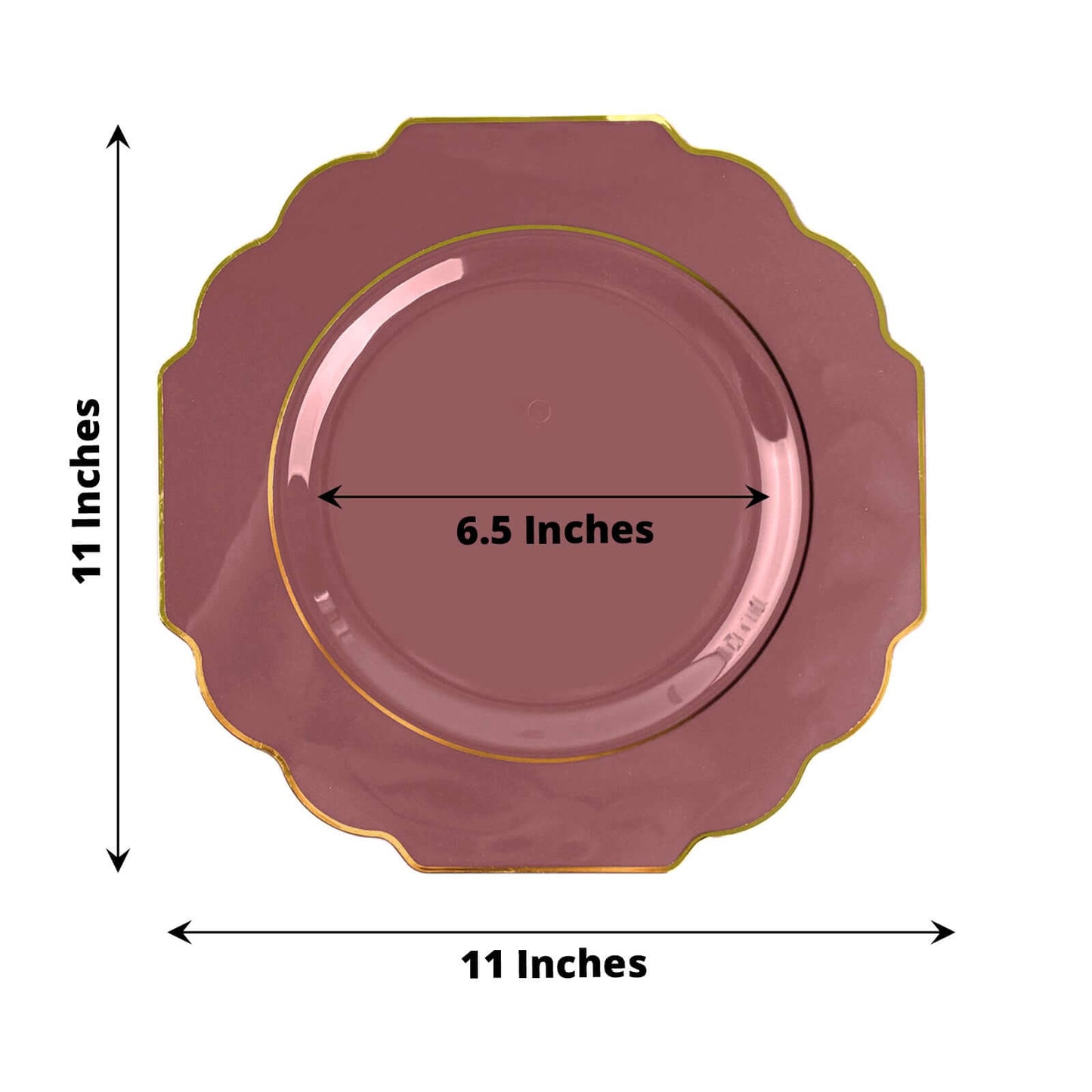 10-Pack Plastic Dinner Plates in Cinnamon Rose Baroque Design with Scalloped Gold Rim - Heavy Duty Disposable Party Plates 11"