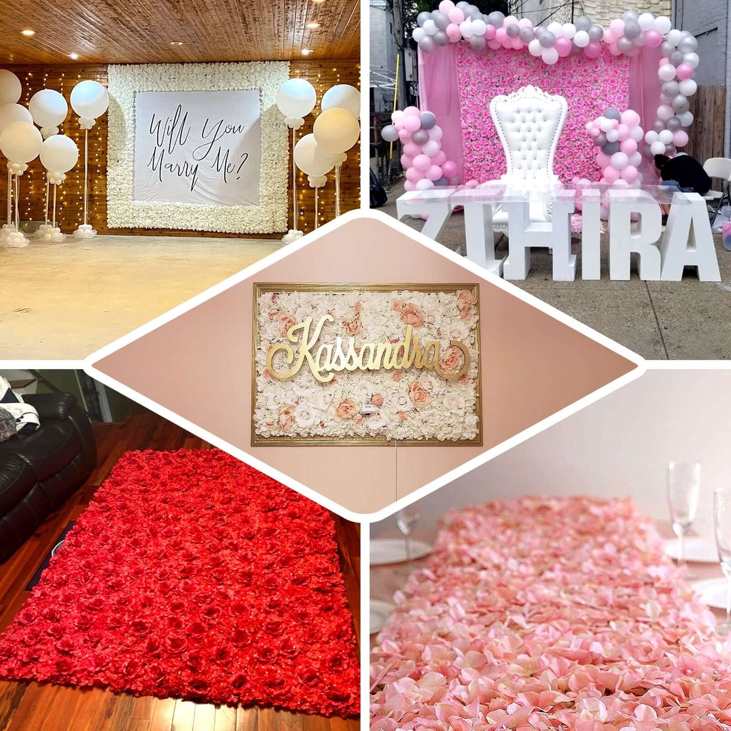 11 Sq ft. Blush and Cream 3D Silk Rose and Hydrangea Flower Wall Mat Backdrop - 4 Artificial Panels - Linen Luxes