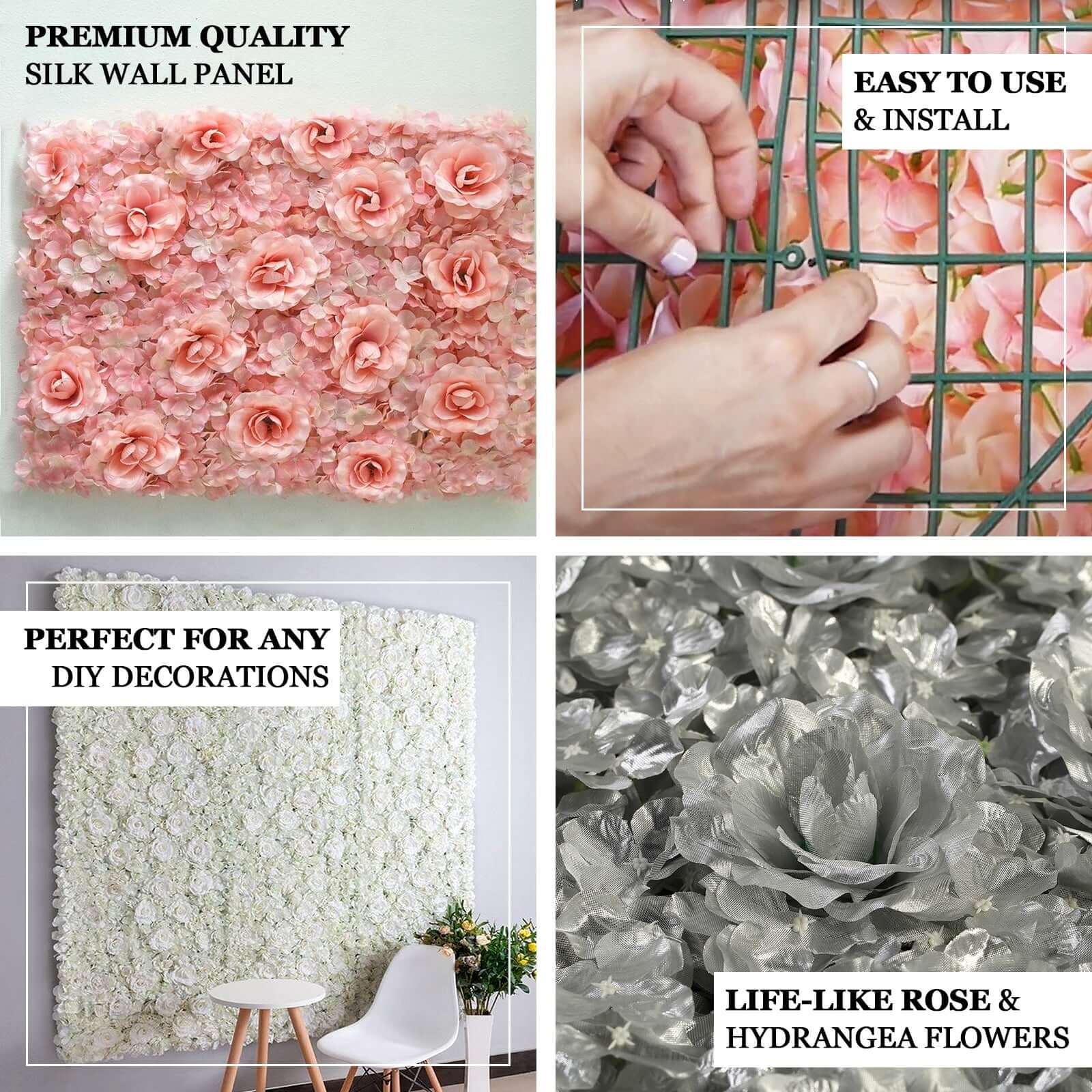 11 Sq ft. Blush and Cream 3D Silk Rose and Hydrangea Flower Wall Mat Backdrop - 4 Artificial Panels - Linen Luxes