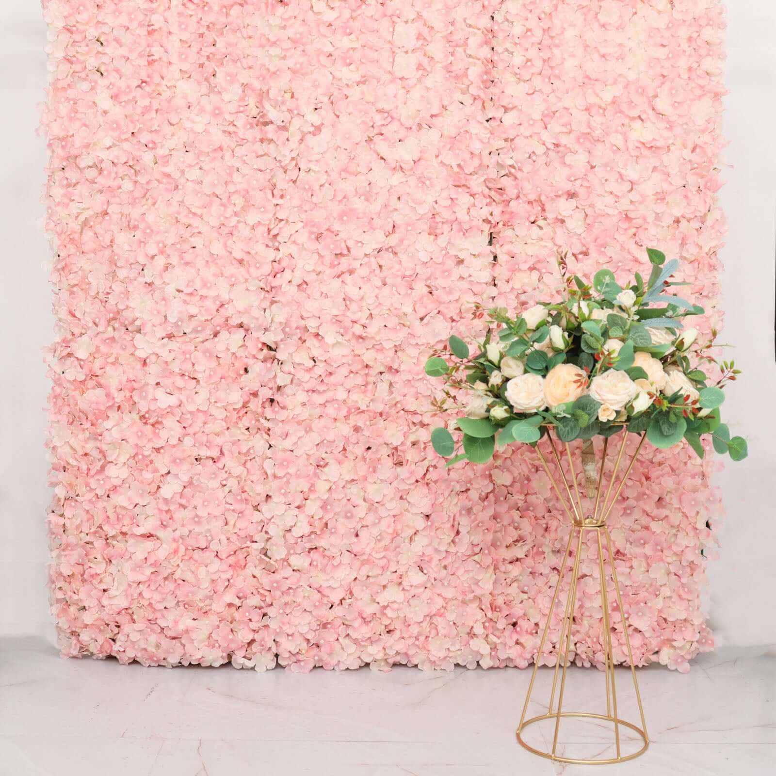 11 Sq ft. Blush UV Protected Hydrangea Flower Wall Mat Backdrop - 4 Artificial Panels - Linen Luxes