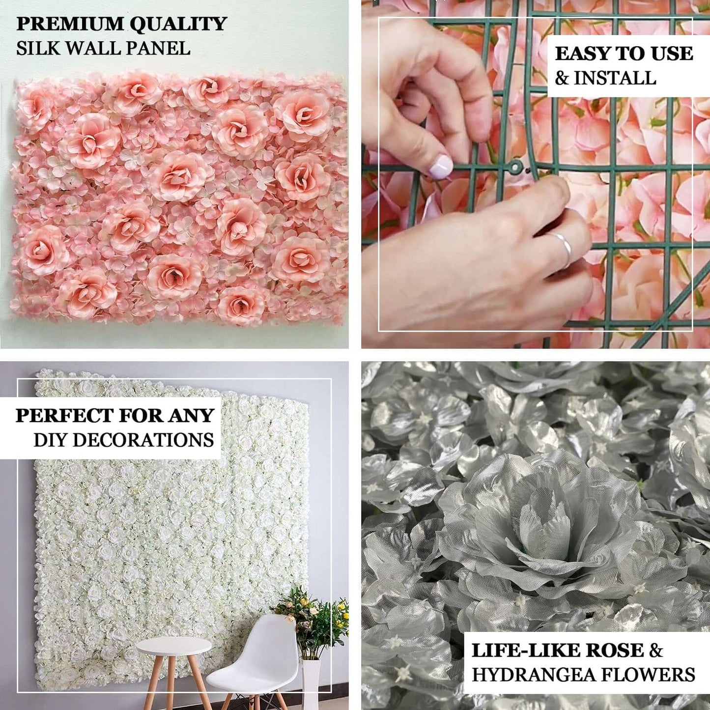 11 Sq ft. Cream 3D Silk Rose and Hydrangea Flower Wall Mat Backdrop - 4 Artificial Panels - Linen Luxes