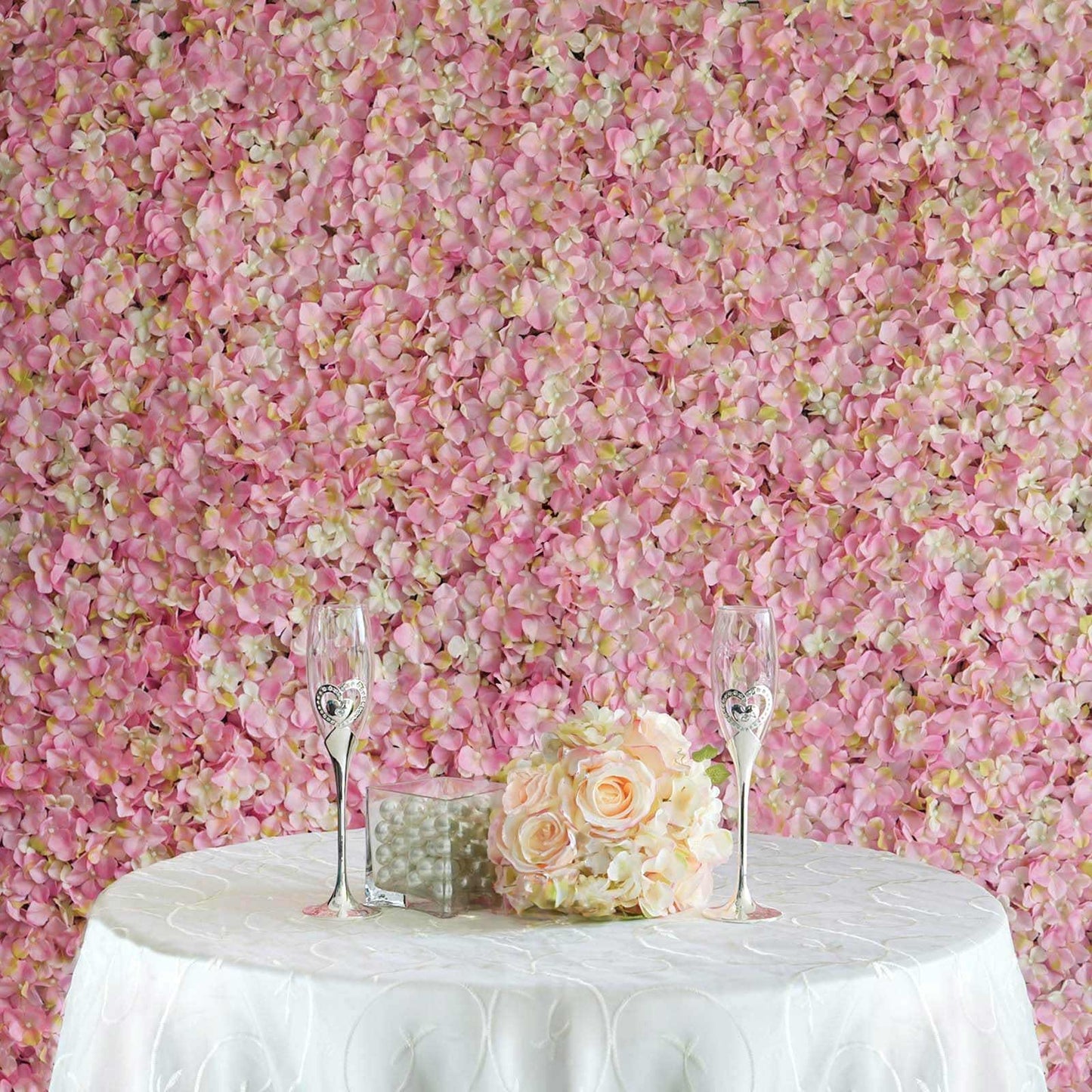 11 Sq ft. Pink Cream UV Protected Hydrangea Flower Wall Mat Backdrop - 4 Artificial Panels - Linen Luxes