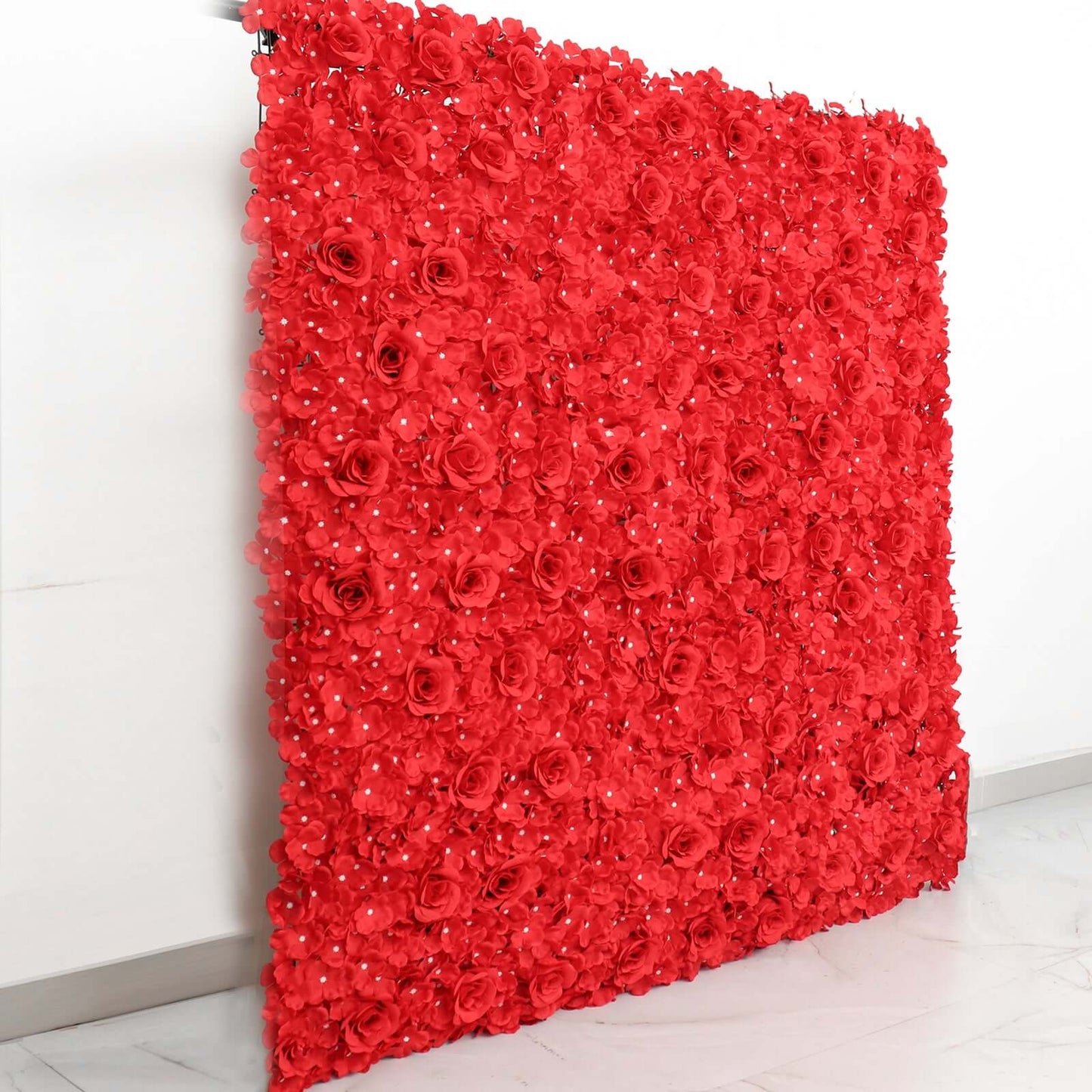 11 Sq ft. Red 3D Silk Rose and Hydrangea Flower Wall Mat Backdrop - 4 Artificial Panels - Linen Luxes