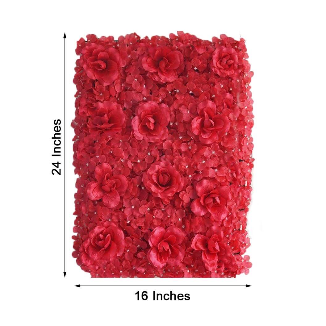 11 Sq ft. Red 3D Silk Rose and Hydrangea Flower Wall Mat Backdrop - 4 Artificial Panels - Linen Luxes
