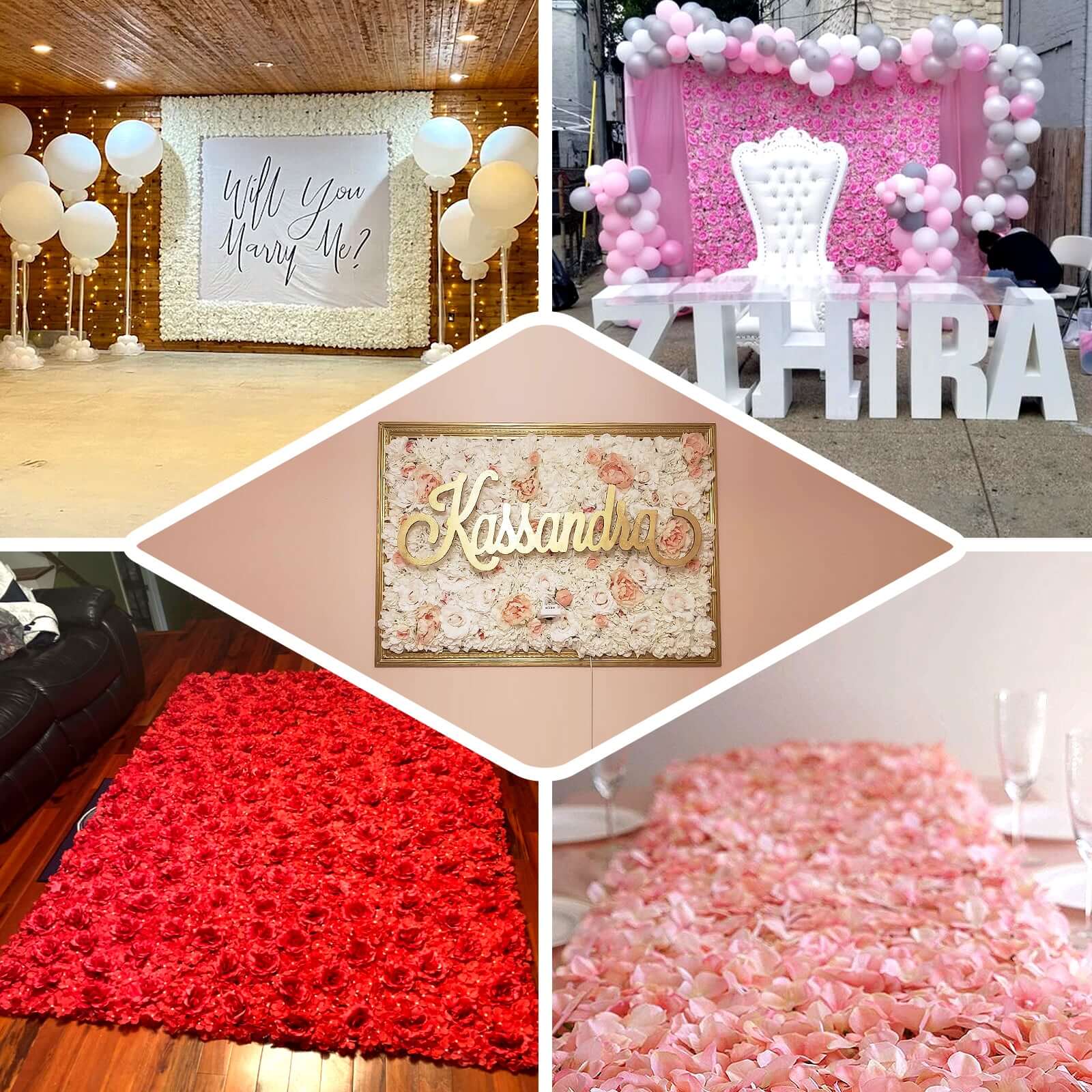 11 Sq ft. White 3D Silk Rose and Hydrangea Flower Wall Mat Backdrop - 4 Artificial Panels - Linen Luxes