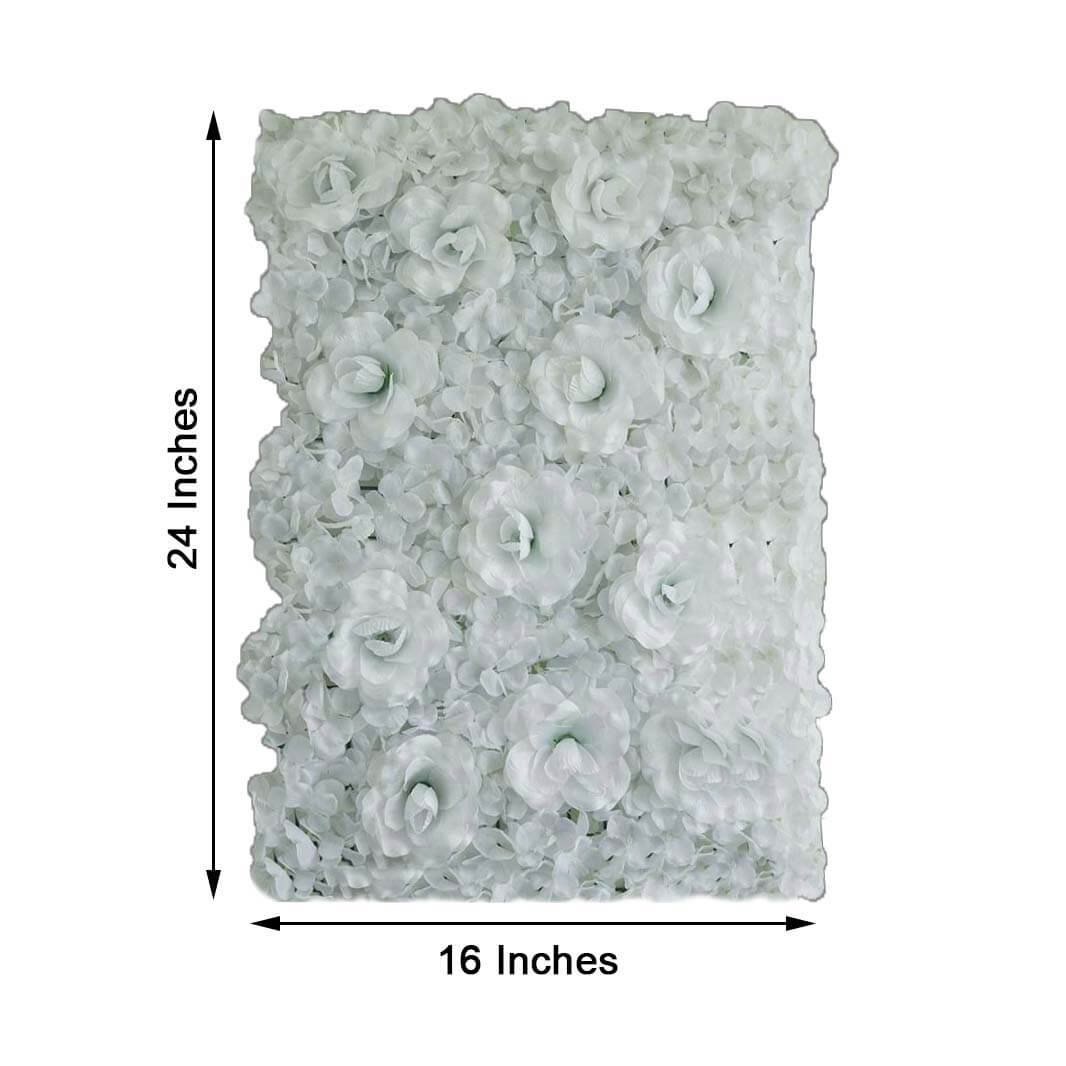 11 Sq ft. White 3D Silk Rose and Hydrangea Flower Wall Mat Backdrop - 4 Artificial Panels - Linen Luxes