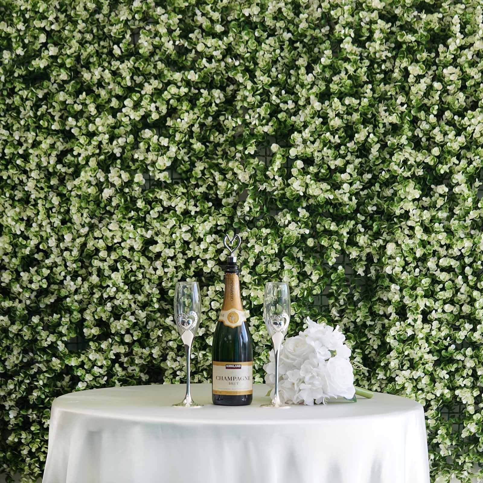 11 Sq ft. White Tip Green Boxwood Hedge Genlisea Garden Wall Backdrop Mat - 4 Artificial Panels - Linen Luxes