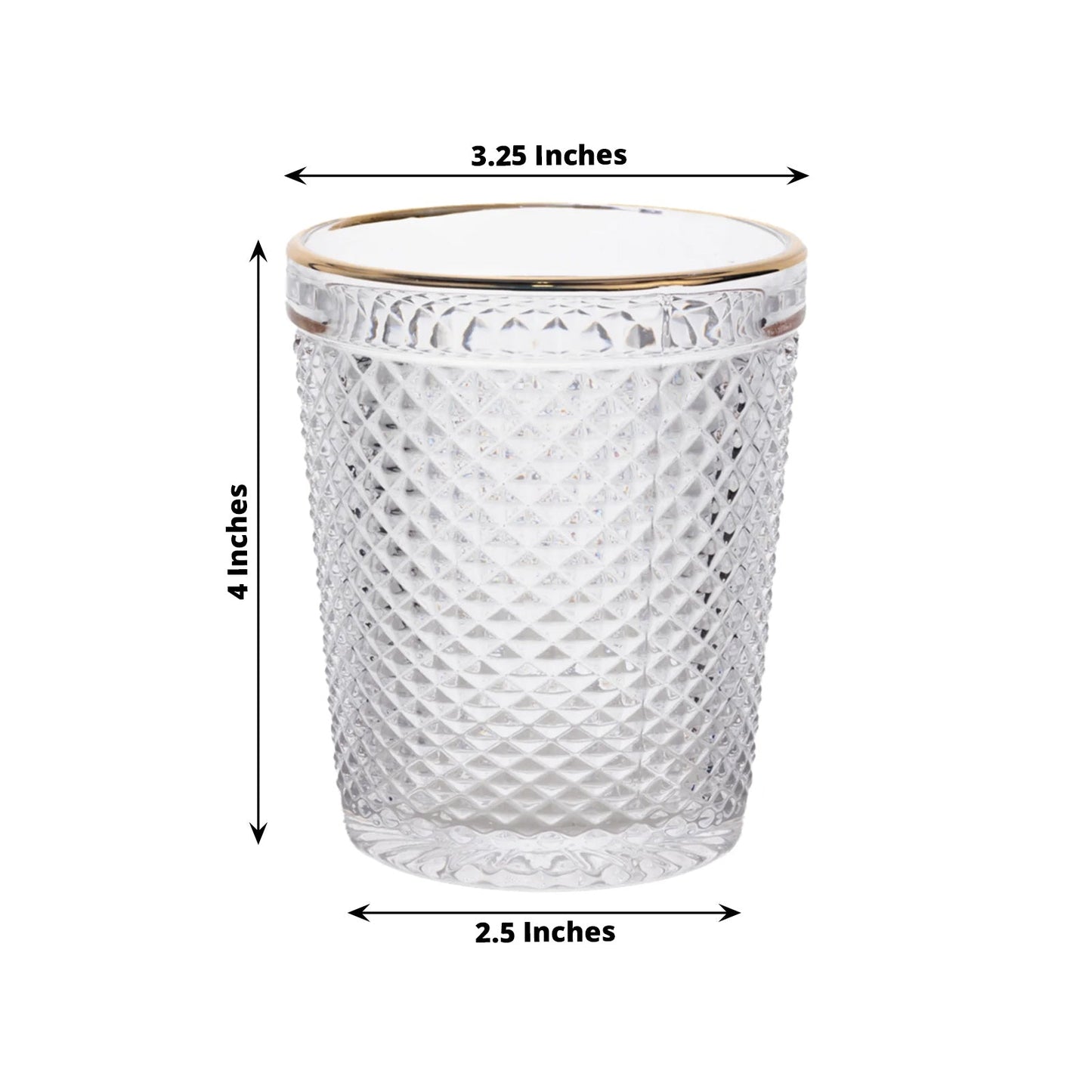 6-Pack Tumbler Glasses Clear Hobnail Design with Gold Rim - Embossed Diamond Pattern Glassware for Drinks & Parties 11oz 4"