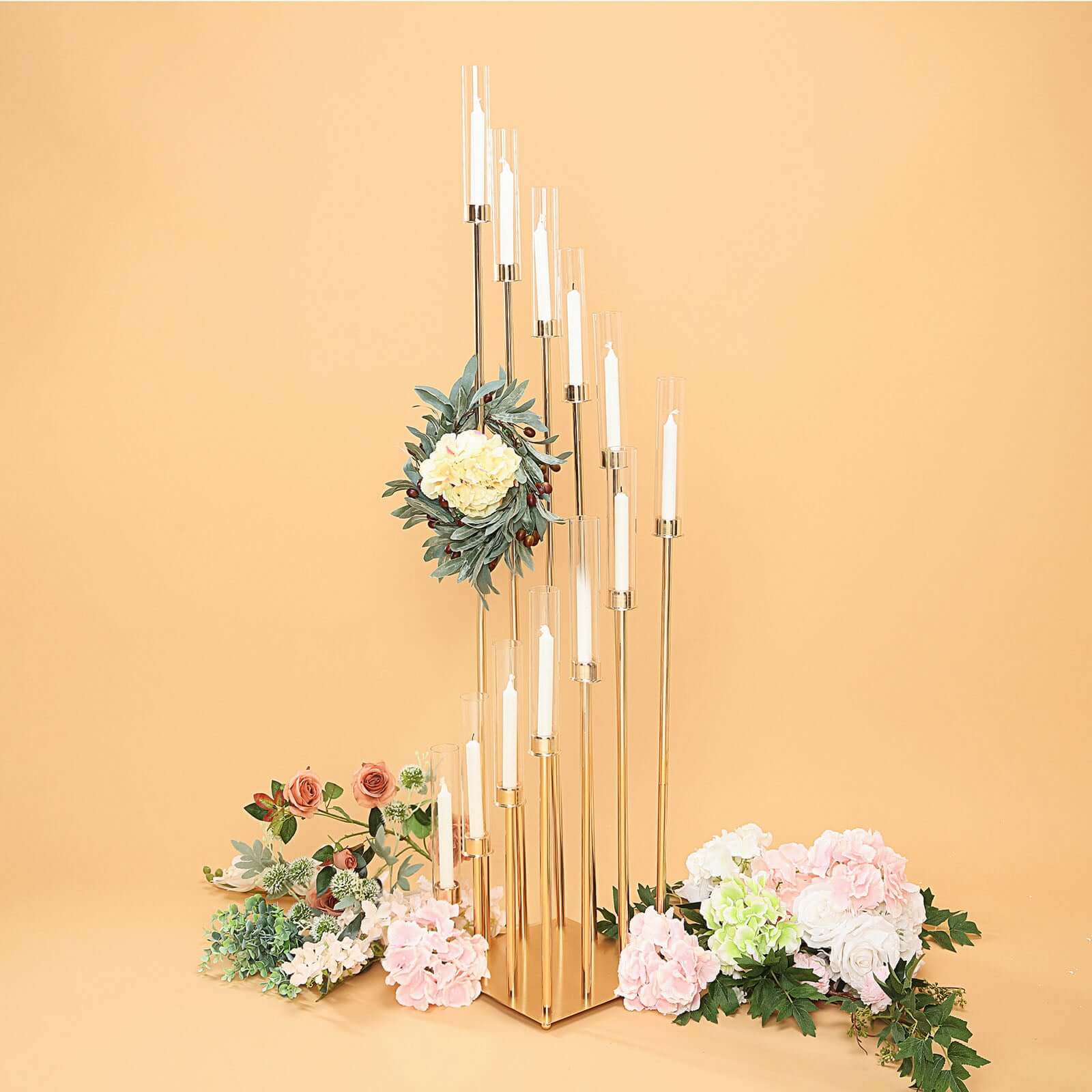 12 - Arm Cluster Taper Candle Holder Gold with Clear Glass Shades - Grand Candle Arrangement for Events 57" - Linen Luxes