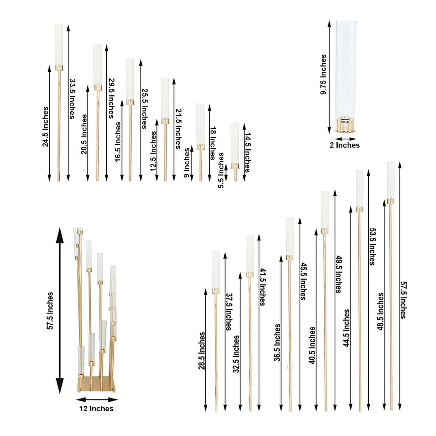 12 - Arm Cluster Taper Candle Holder Gold with Clear Glass Shades - Grand Candle Arrangement for Events 57" - Linen Luxes